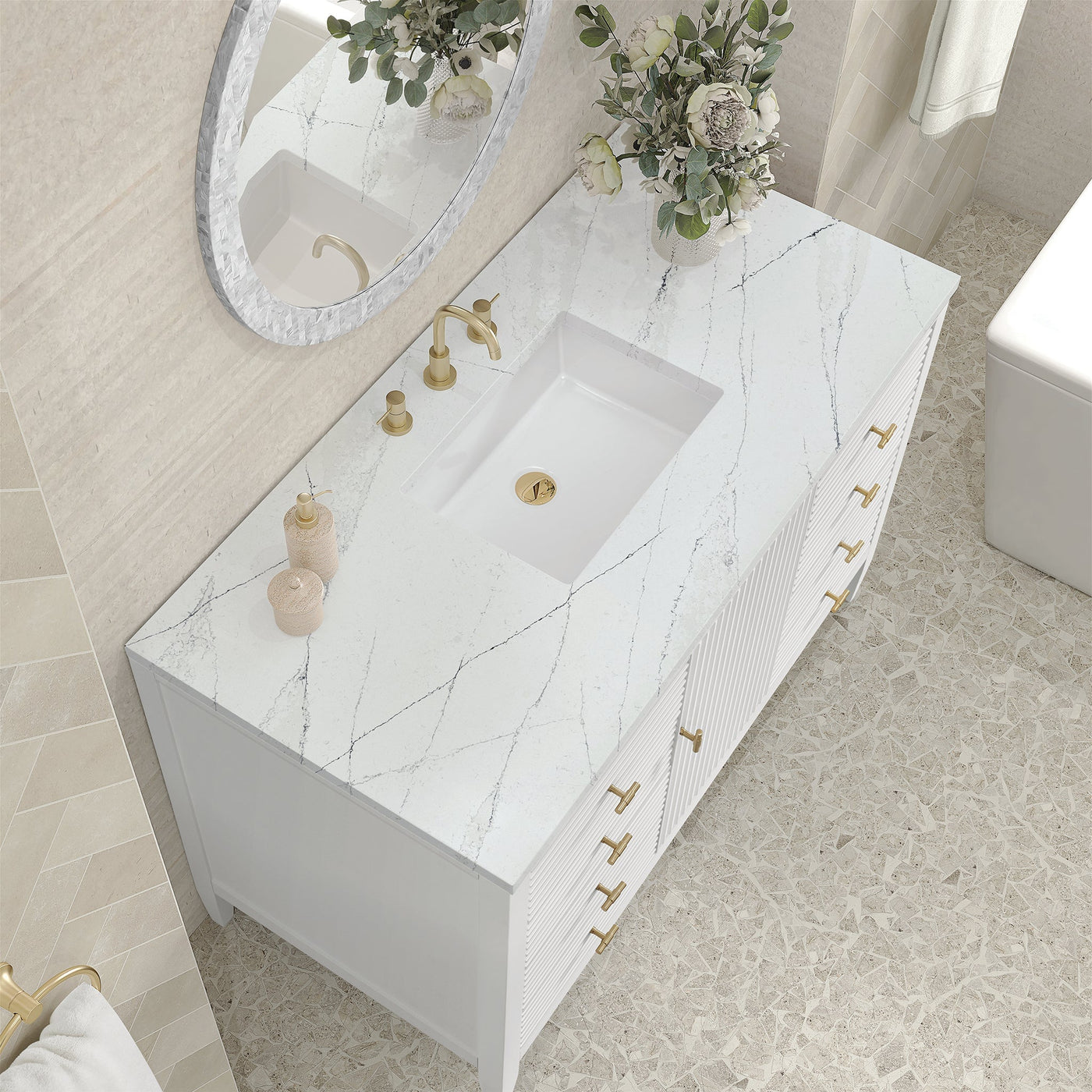 James Martin Myrrin 48" Single Bathroom Vanity, Bright White with Ethereal Noctis countertop