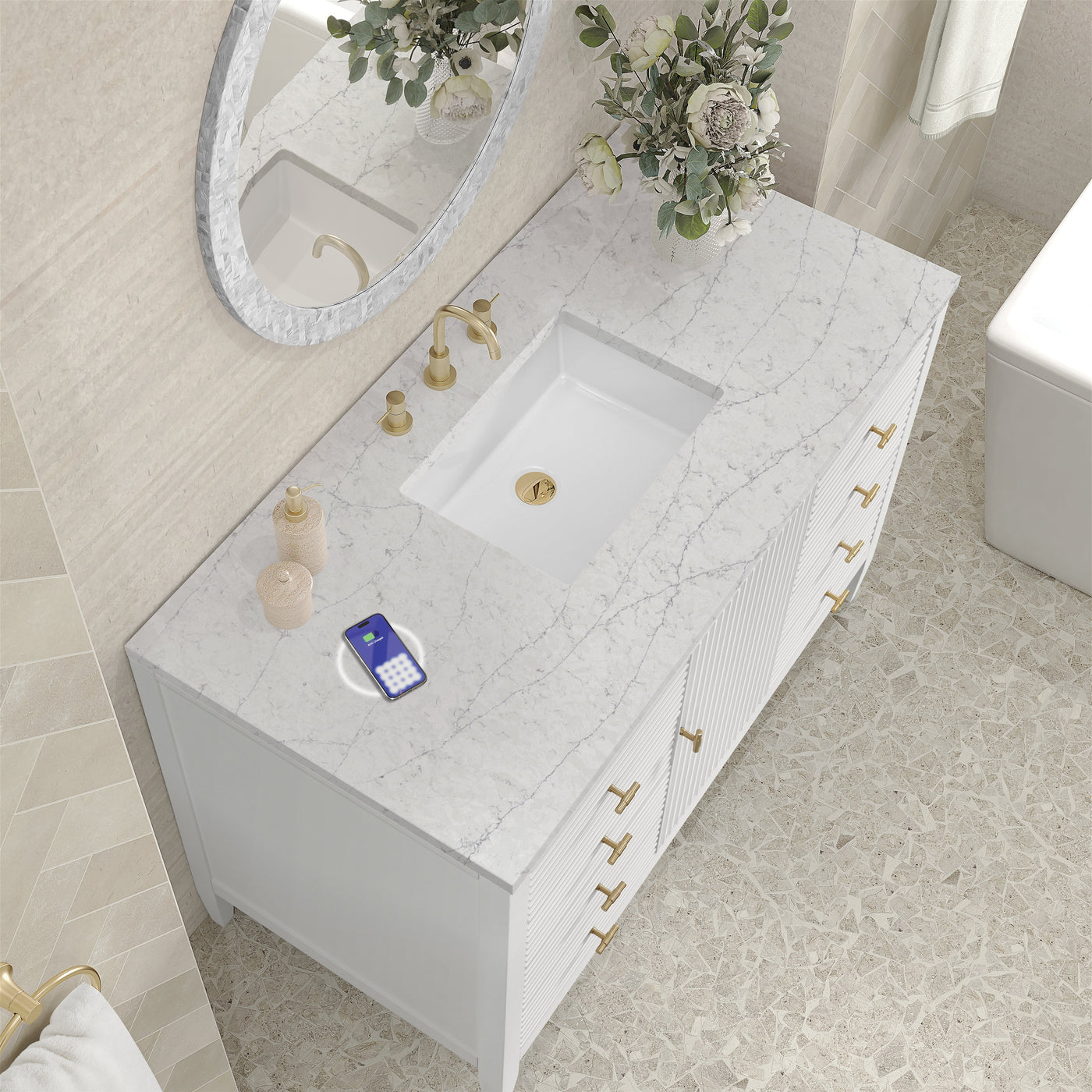 James Martin Myrrin 48" Single Bathroom Vanity, Bright White with Eternal Jasmine Pearl (FreePower) countertop