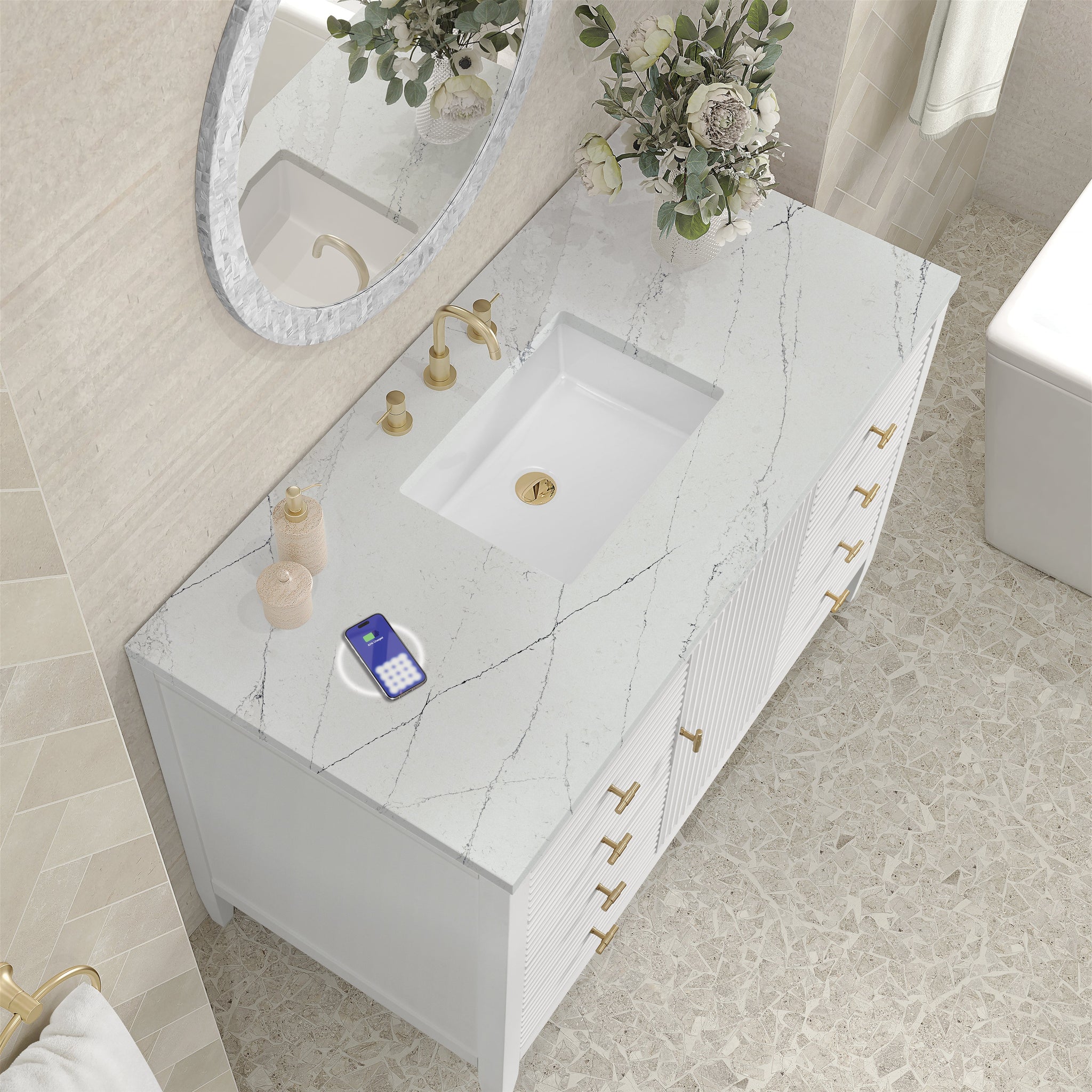 James Martin Myrrin 48" Single Bathroom Vanity, Bright White with Ethereal Noctis (FreePower) countertop