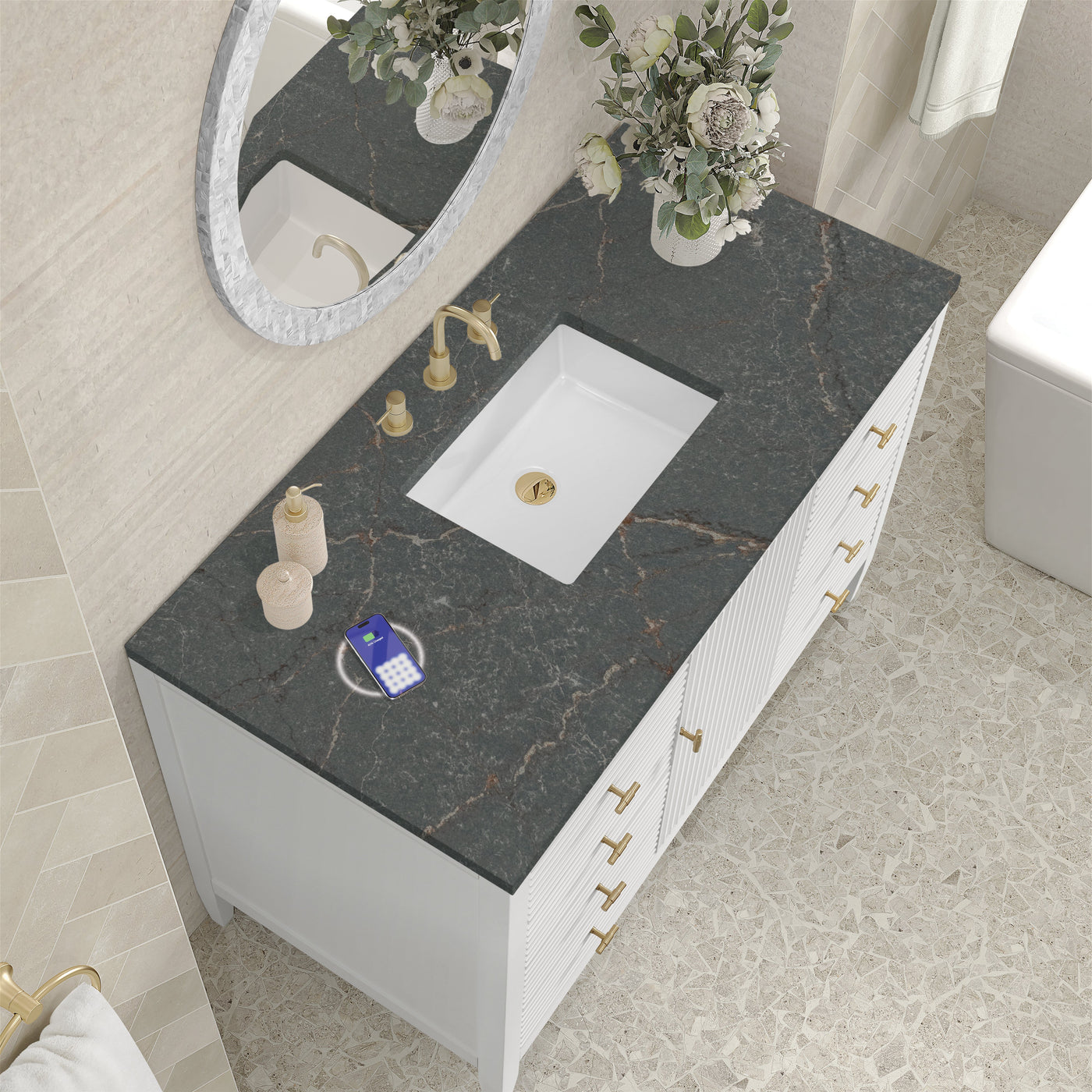 James Martin Myrrin 48" Single Bathroom Vanity, Bright White with Parisien Bleu (FreePower) countertop