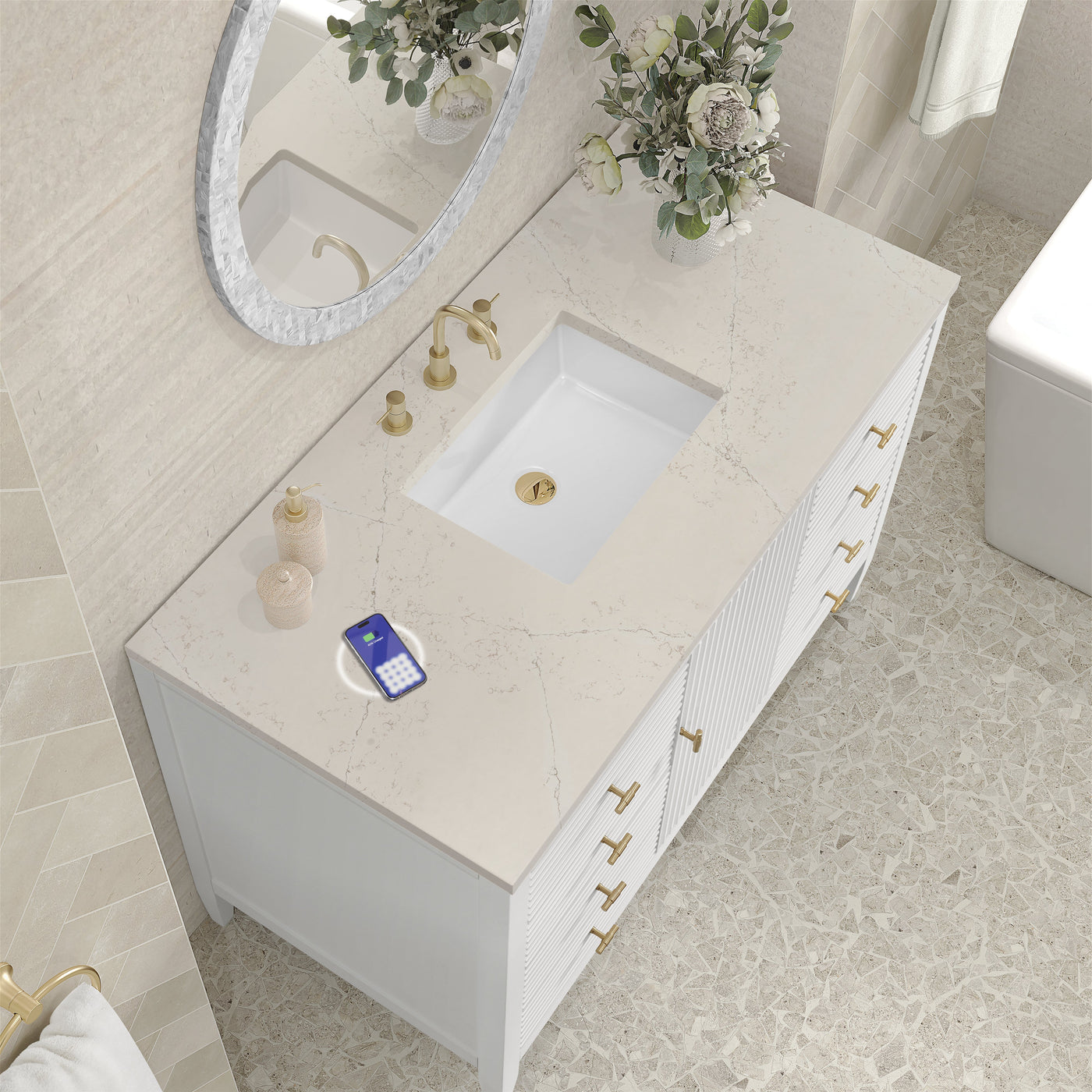 James Martin Myrrin 48" Single Bathroom Vanity, Bright White with Siberian (FreePower) countertop