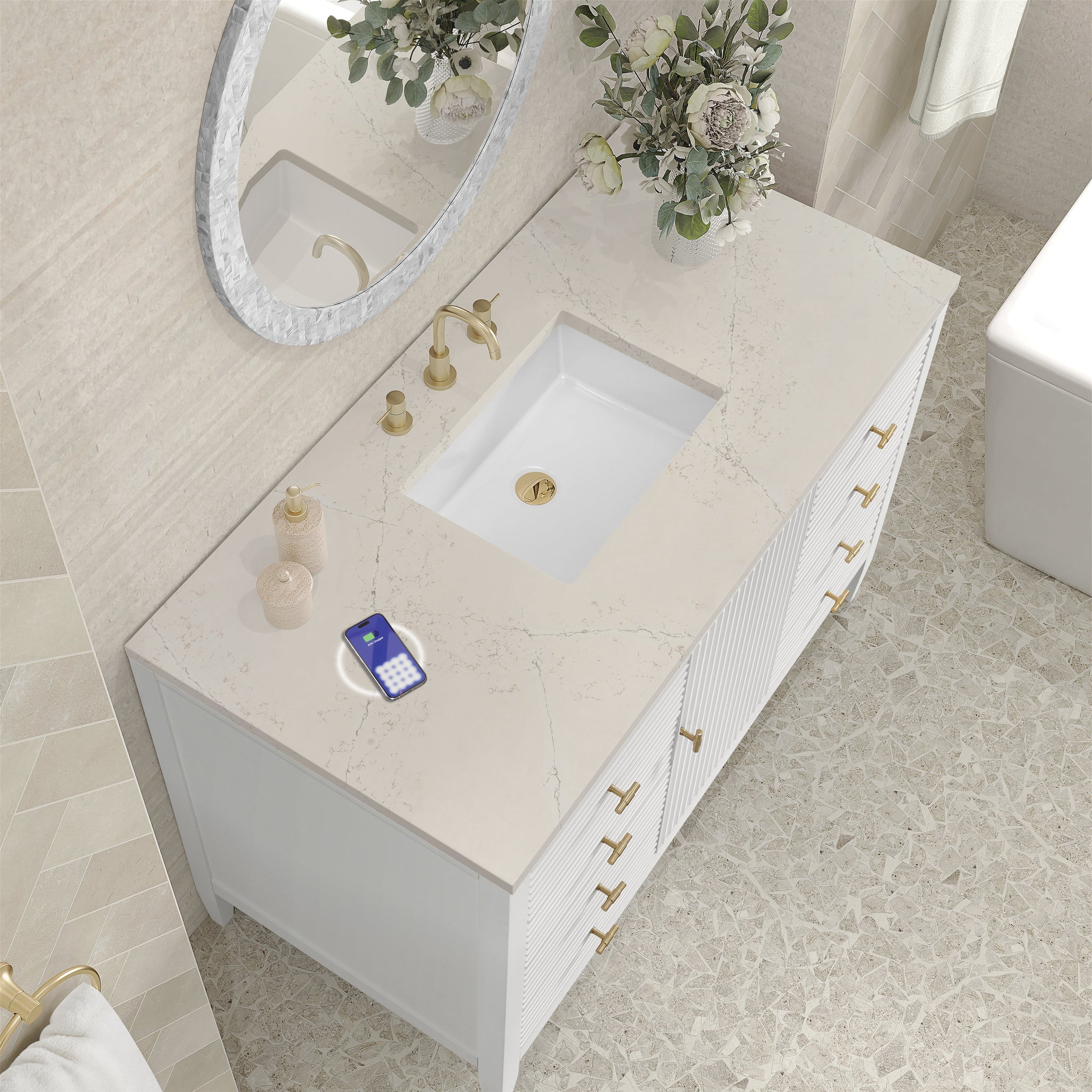 James Martin Myrrin 48" Single Bathroom Vanity, Bright White with Siberian (FreePower) countertop