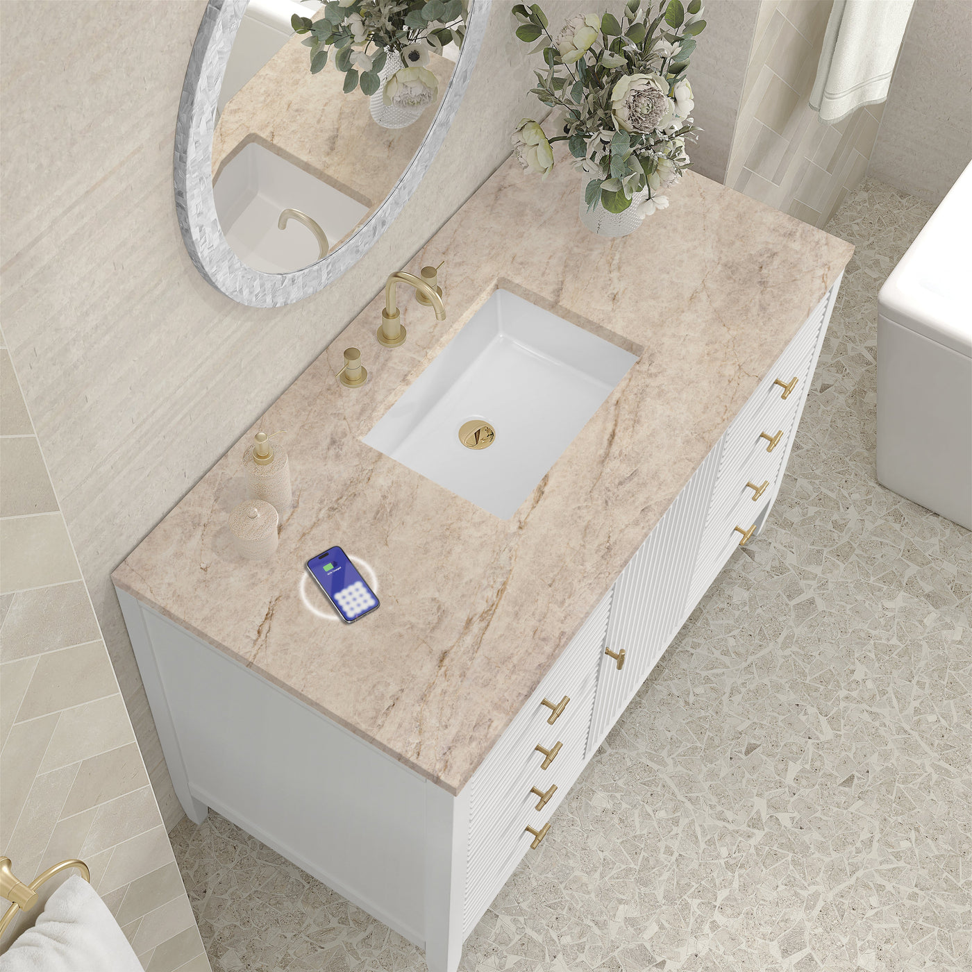 James Martin Myrrin 48" Single Bathroom Vanity, Bright White with Tajnar (FreePower) countertop