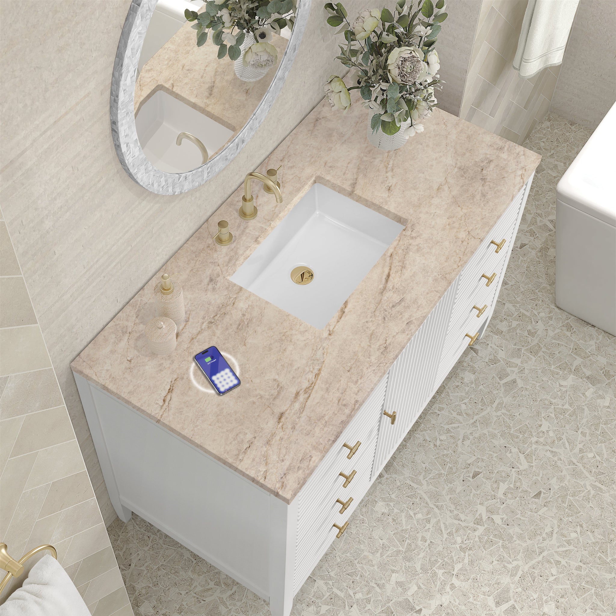 James Martin Myrrin 48" Single Bathroom Vanity, Bright White with Tajnar (FreePower) countertop