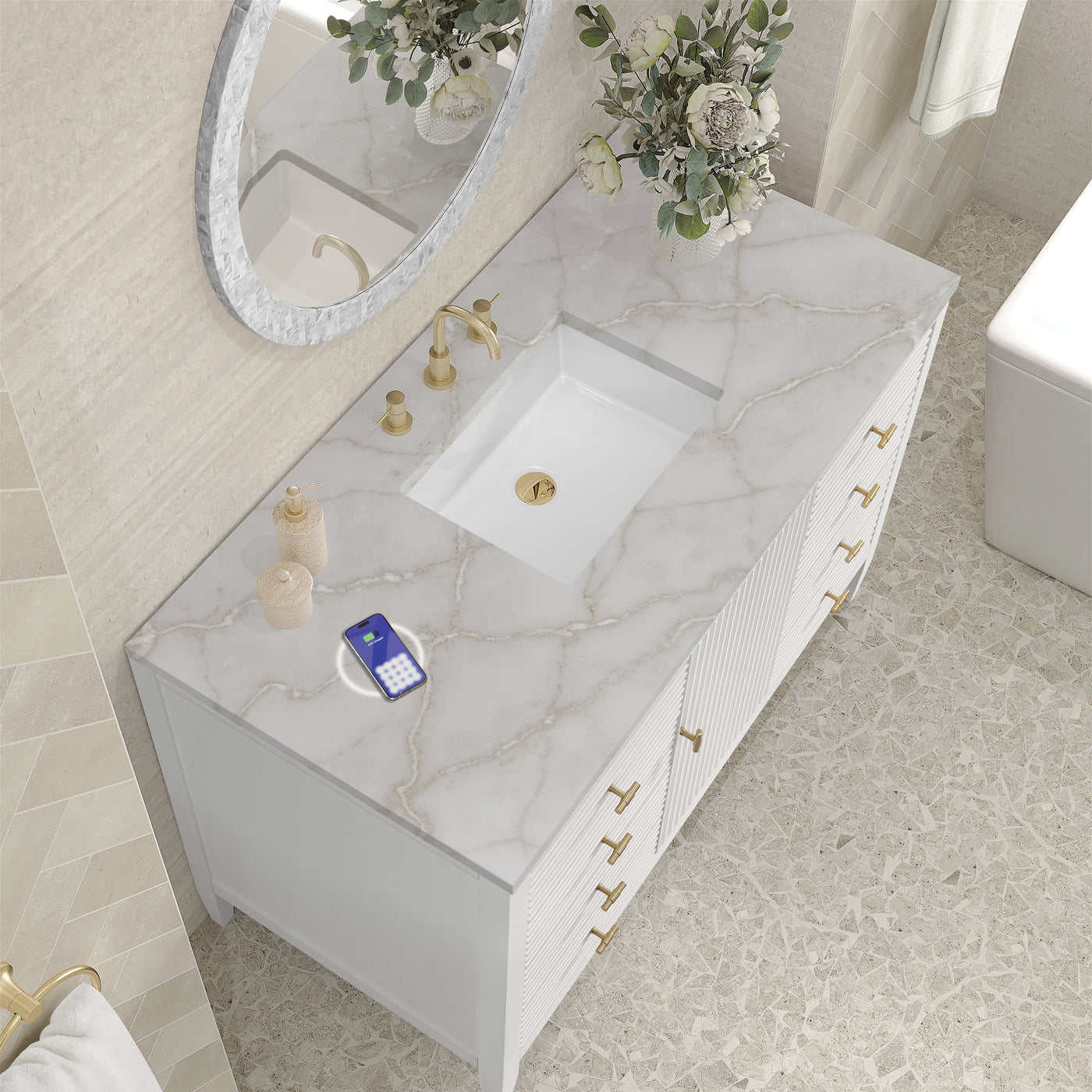 James Martin Myrrin 48" Single Bathroom Vanity, Bright White with Victorian Silver (FreePower) countertop