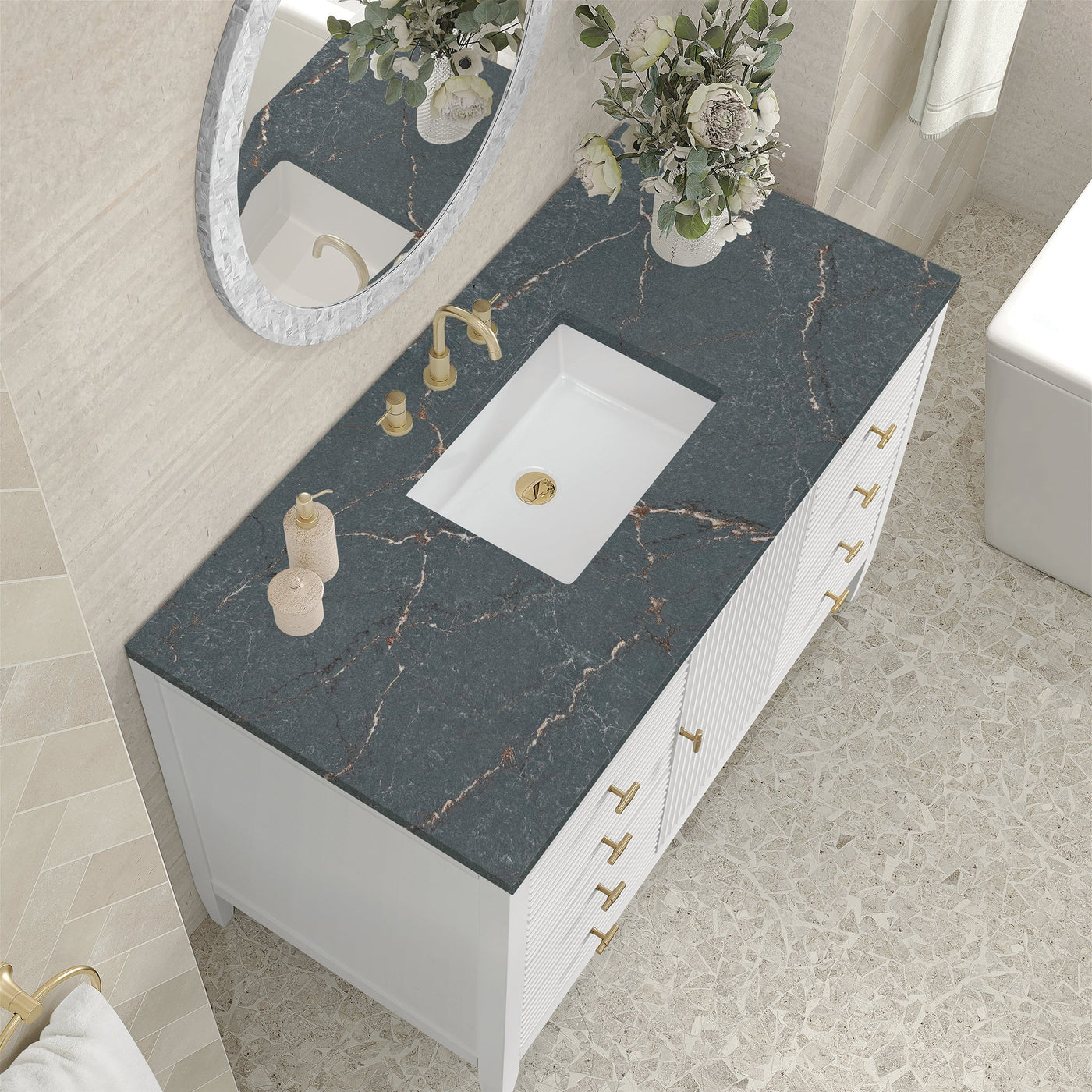James Martin Myrrin 48" Single Bathroom Vanity, Bright White with Parisien Bleu countertop
