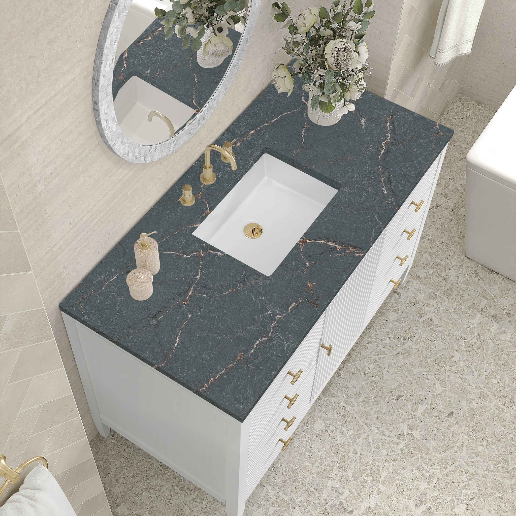 James Martin Myrrin 48" Single Bathroom Vanity, Bright White with Parisien Bleu countertop