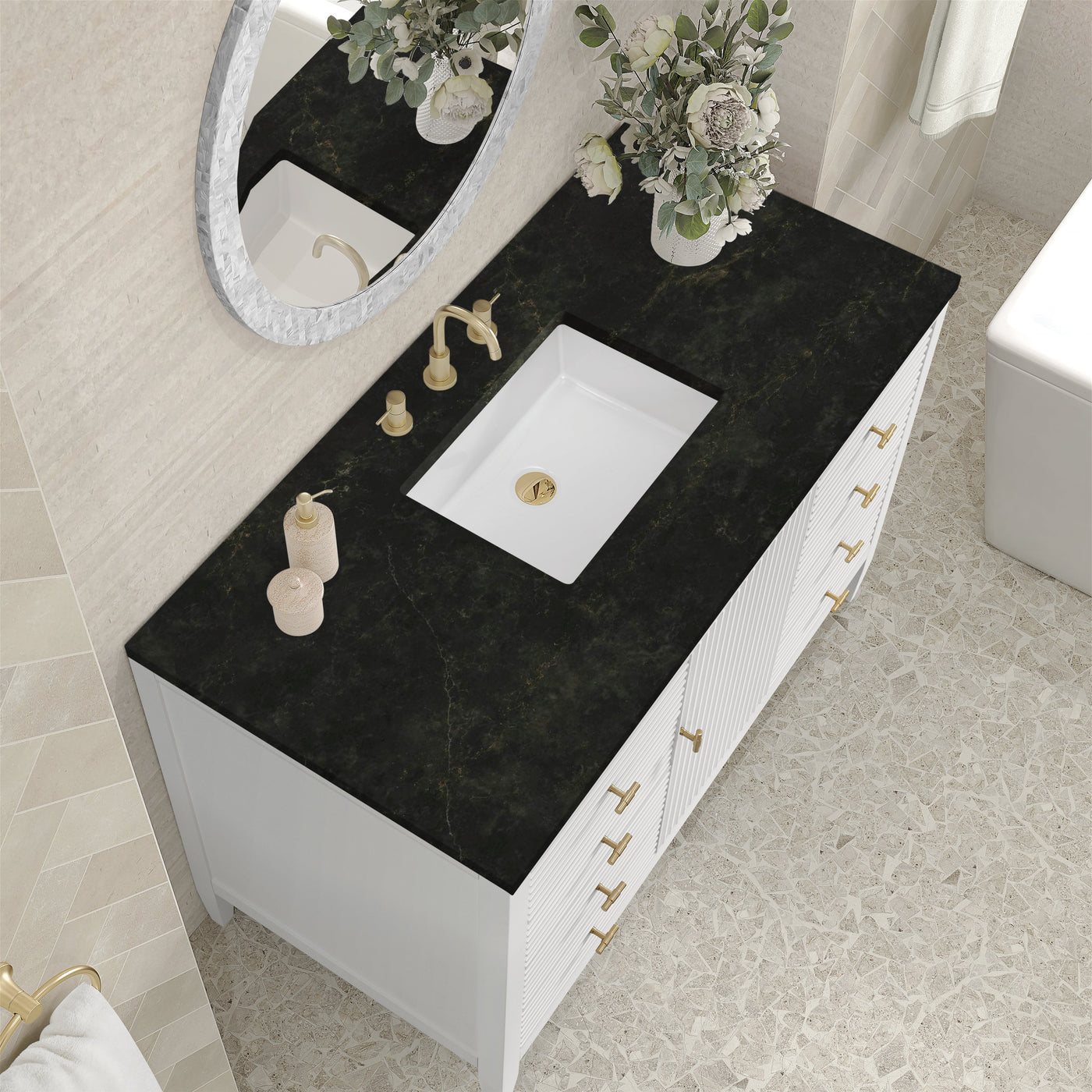 James Martin Myrrin 48" Single Bathroom Vanity, Bright White with Phantome countertop