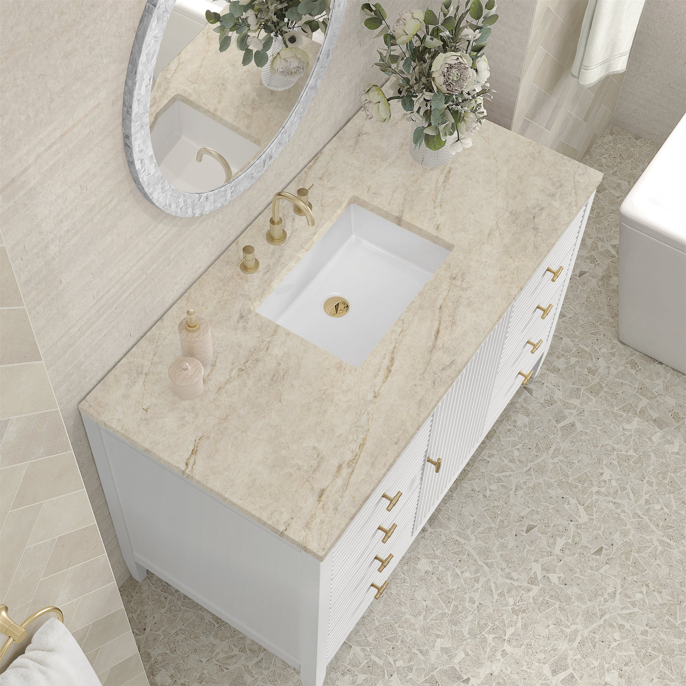 James Martin Myrrin 48" Single Bathroom Vanity, Bright White with Tajnar countertop