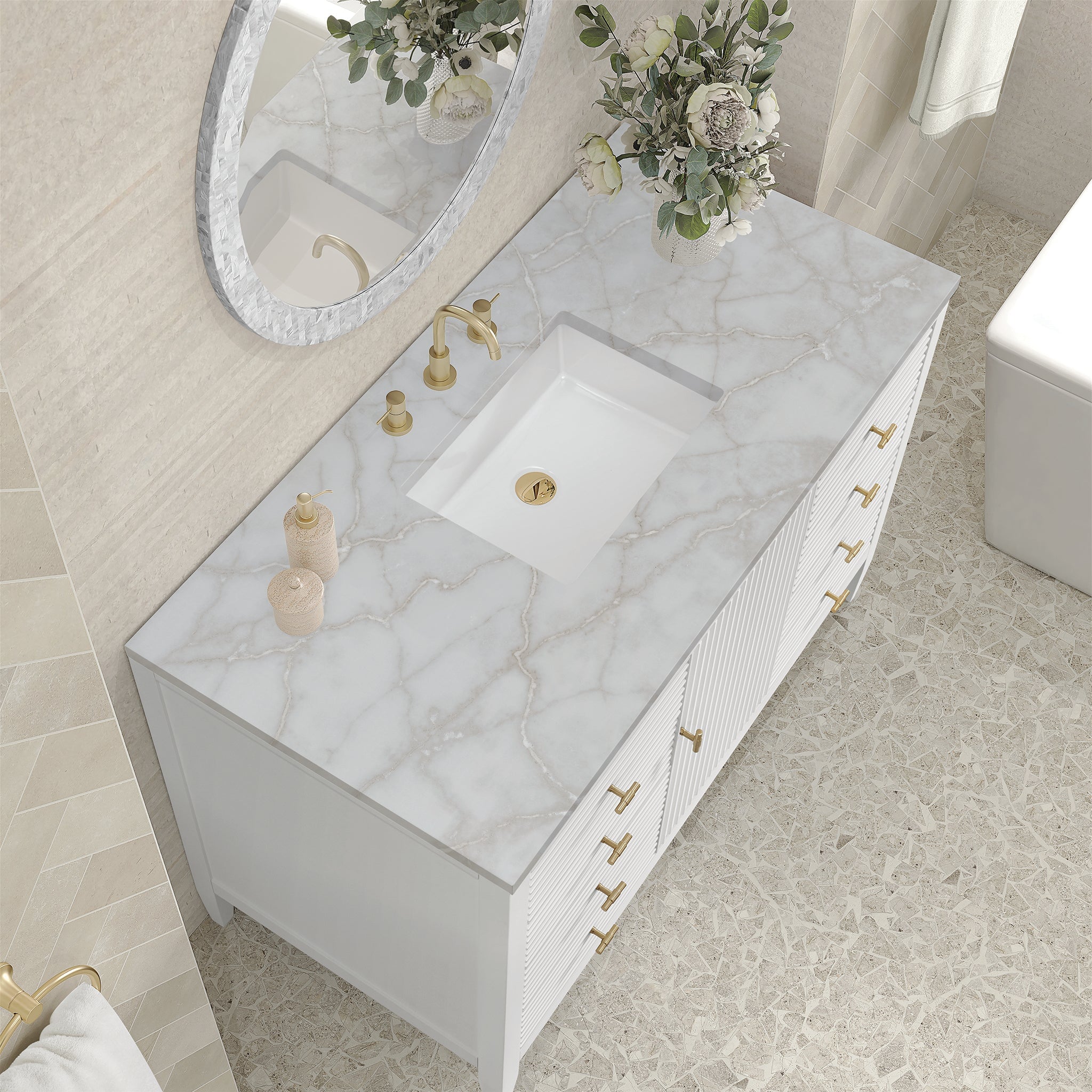 James Martin Myrrin 48" Single Bathroom Vanity, Bright White with Victorian Silver countertop