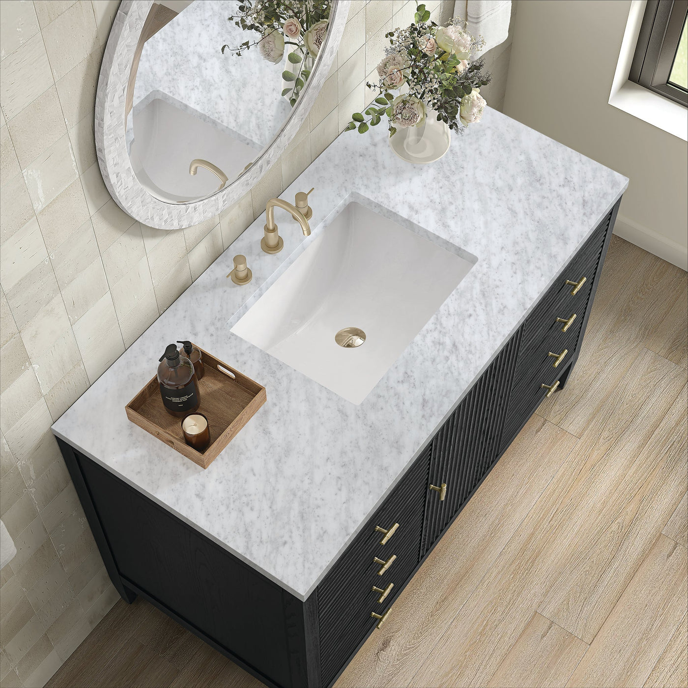 James Martin Myrrin 48" Single Bathroom Vanity, Carbon Oak with Carrara White countertop