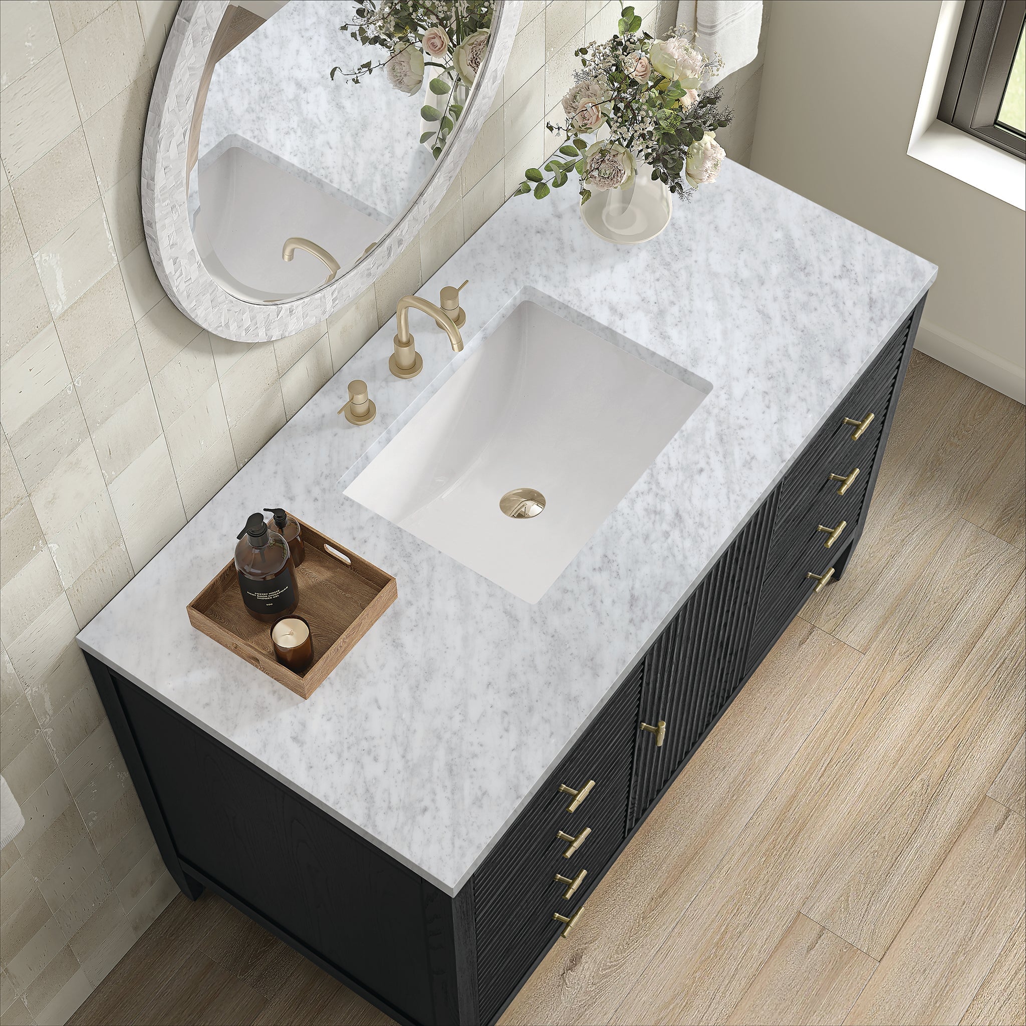 James Martin Myrrin 48" Single Bathroom Vanity, Carbon Oak with Carrara White countertop