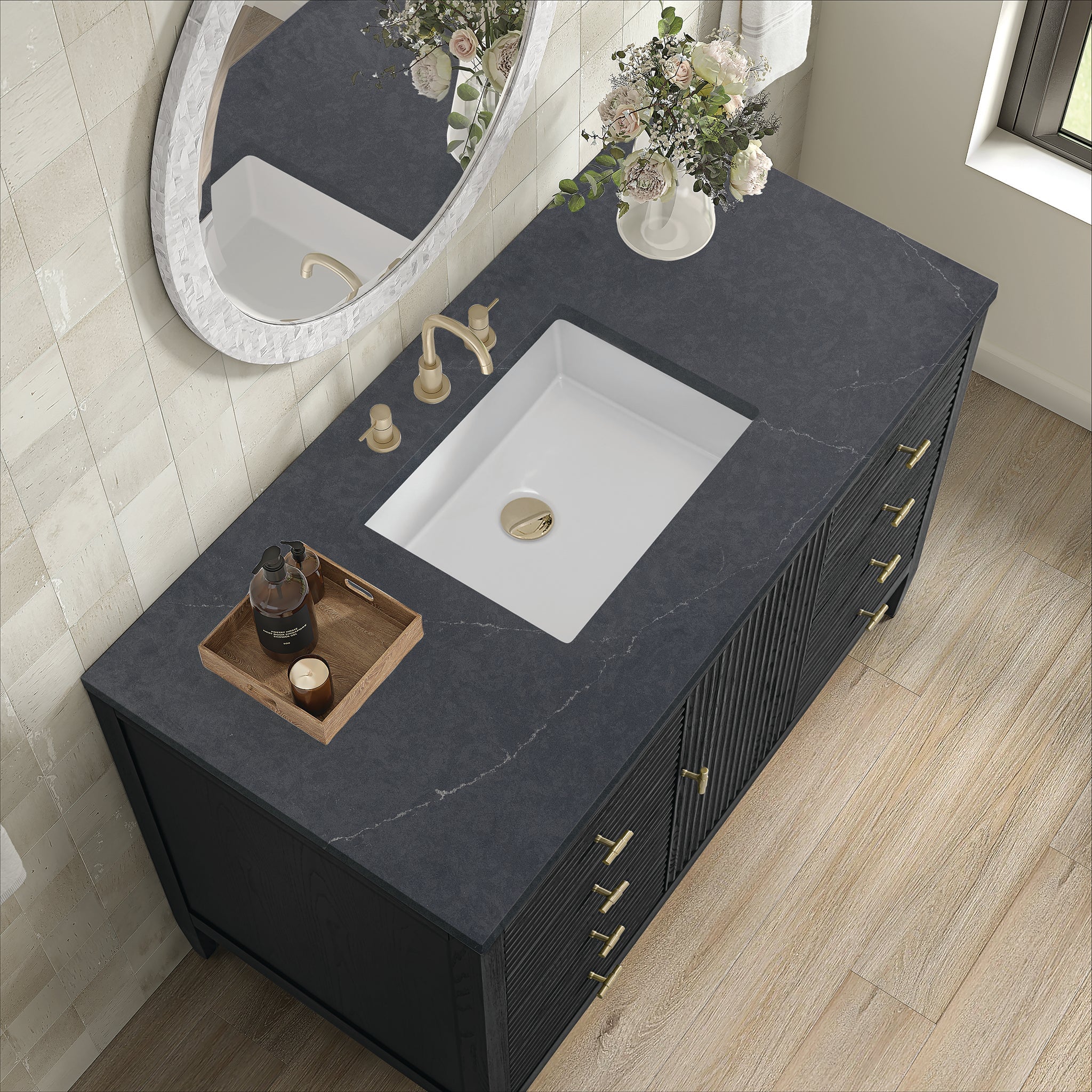 James Martin Myrrin 48" Single Bathroom Vanity, Carbon Oak with Charcoal Soapstone countertop