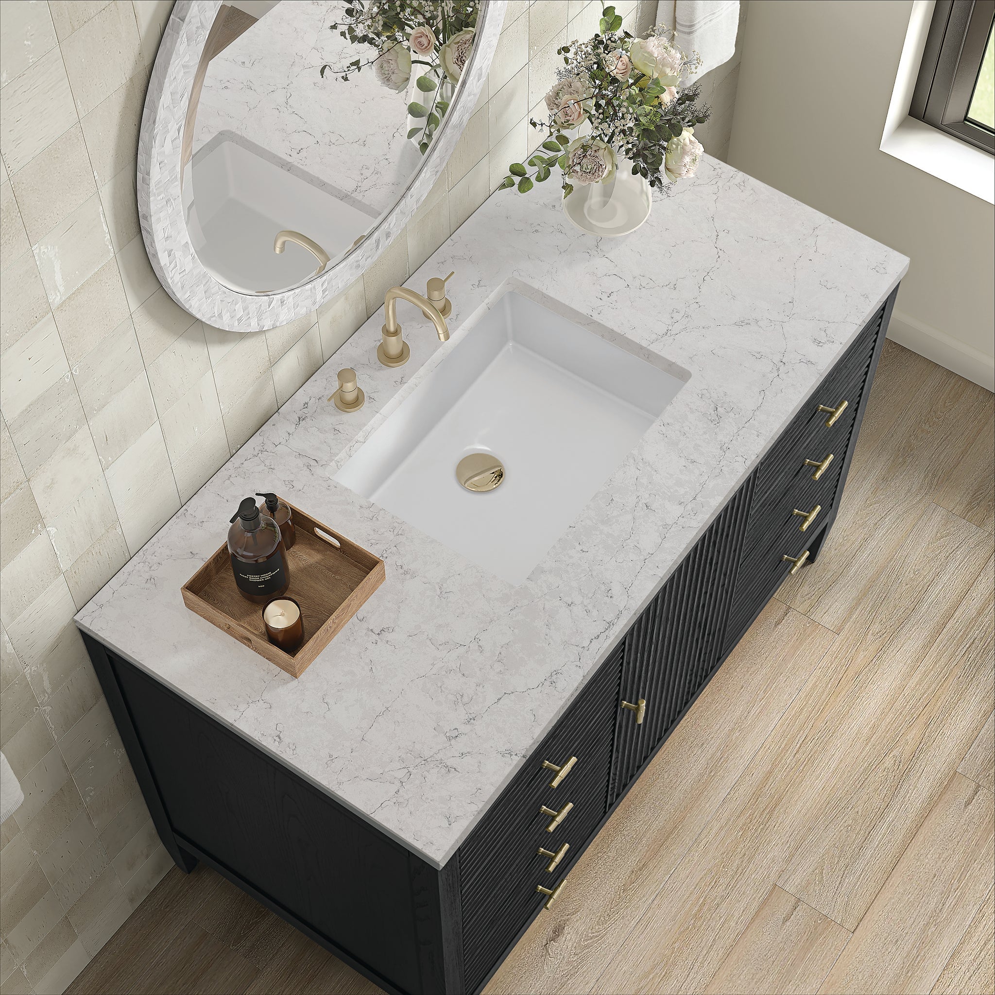 James Martin Myrrin 48" Single Bathroom Vanity, Carbon Oak with Eternal Jasmine Pearl countertop