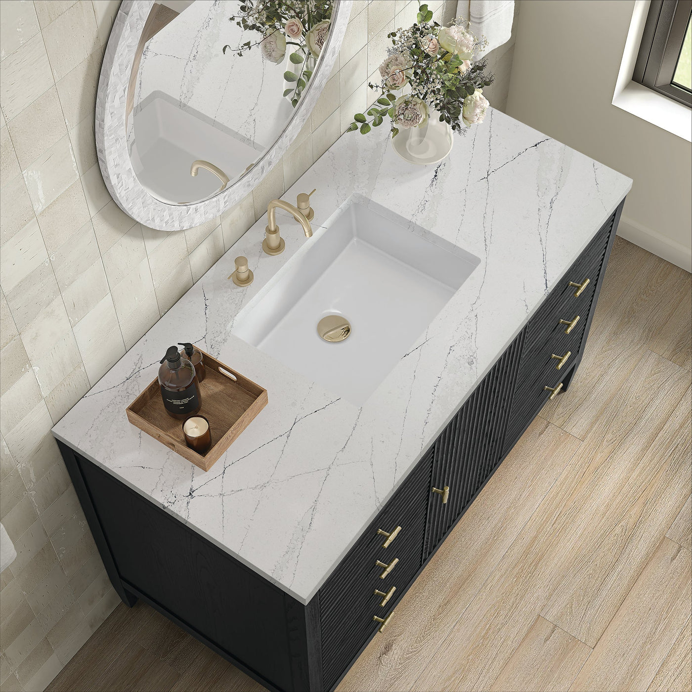 James Martin Myrrin 48" Single Bathroom Vanity, Carbon Oak with Ethereal Noctis countertop