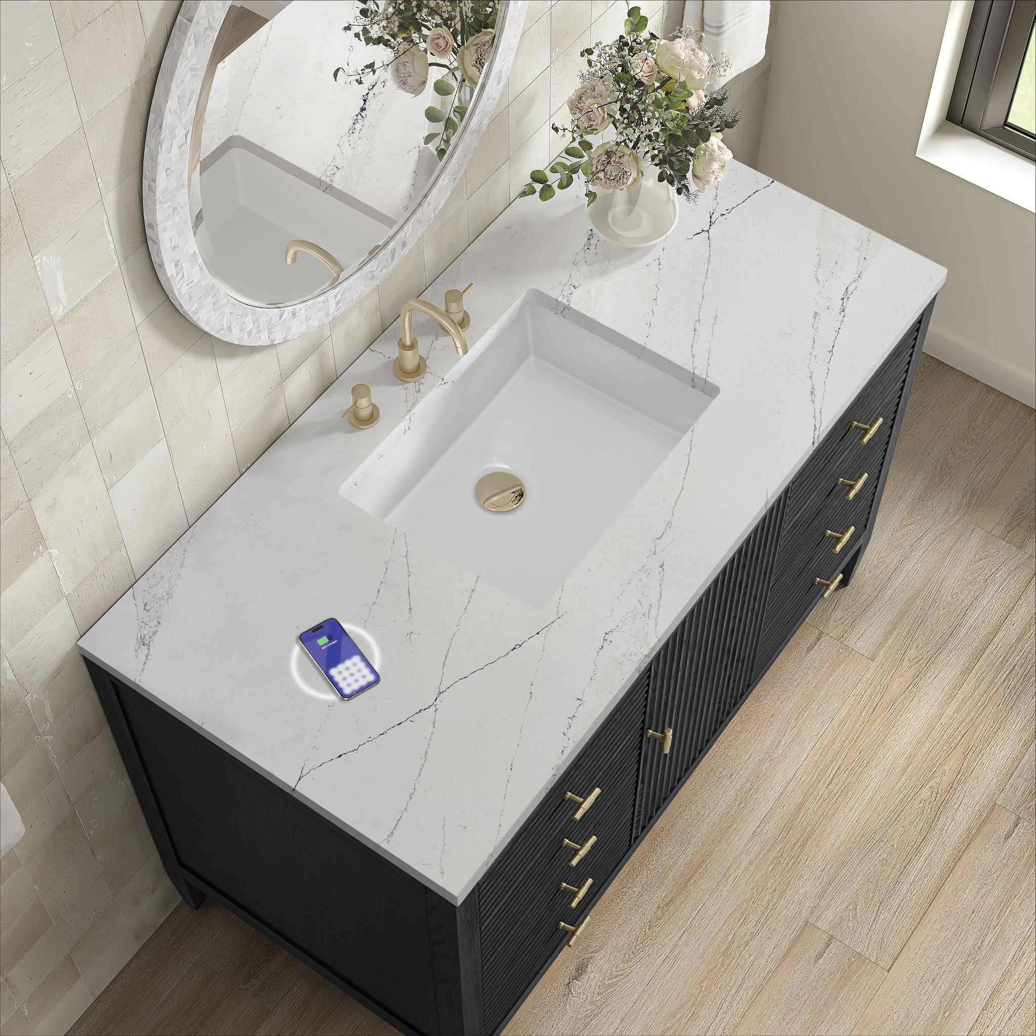 James Martin Myrrin 48" Single Bathroom Vanity, Carbon Oak with Ethereal Noctis (FreePower) countertop