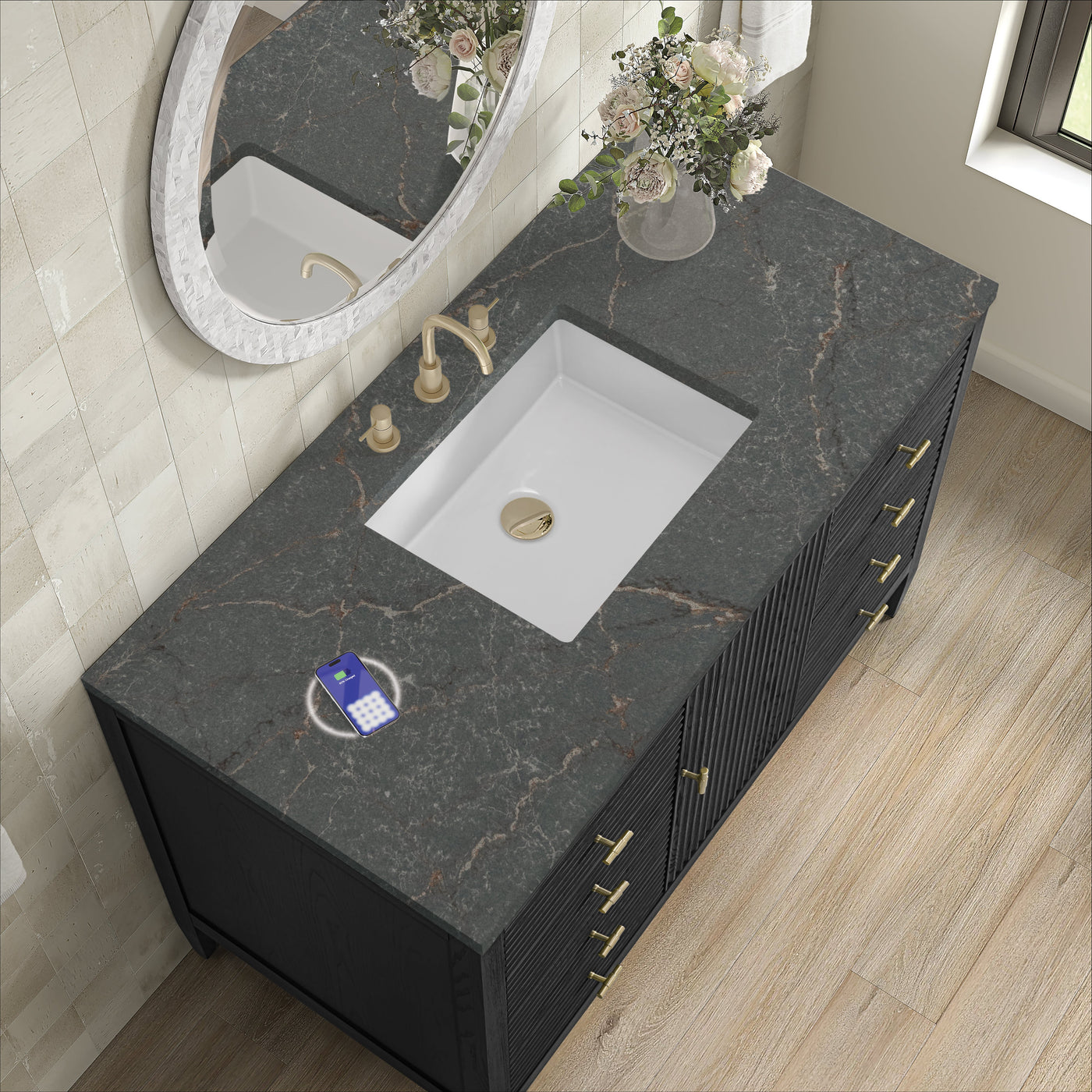 James Martin Myrrin 48" Single Bathroom Vanity, Carbon Oak with Parisien Bleu (FreePower) countertop