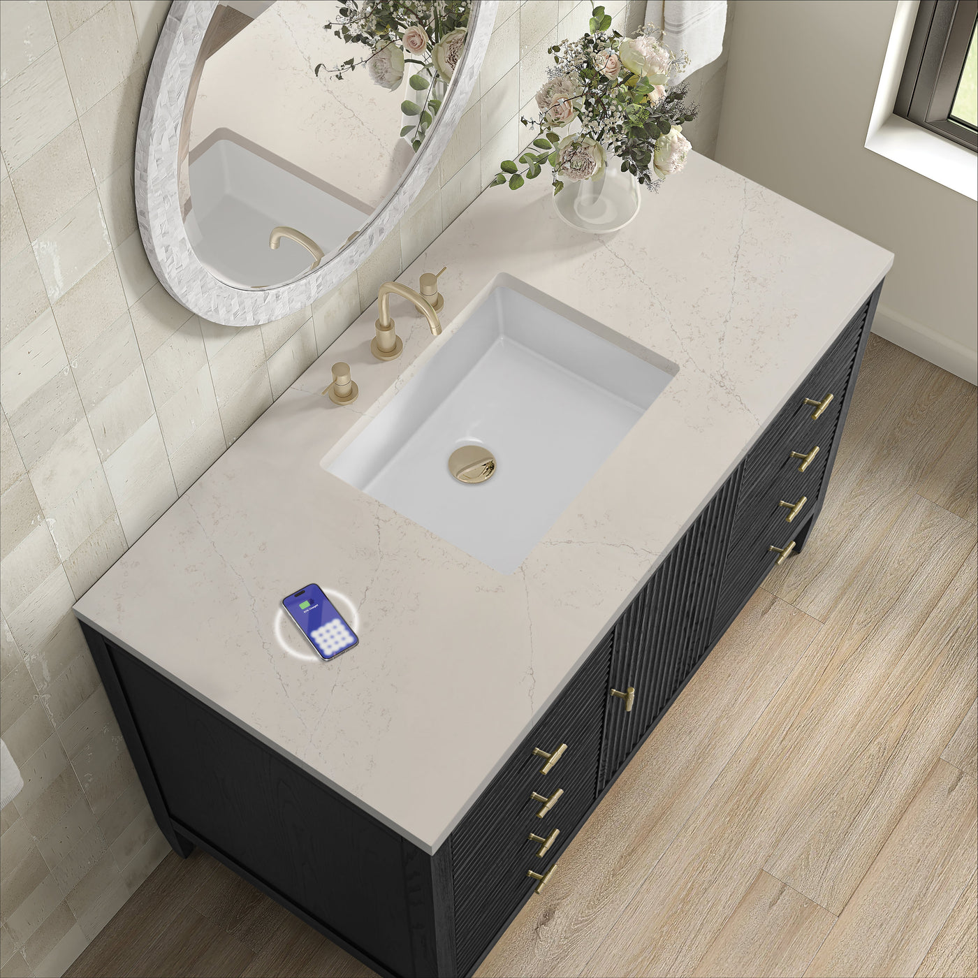 James Martin Myrrin 48" Single Bathroom Vanity, Carbon Oak with Siberian (FreePower) countertop