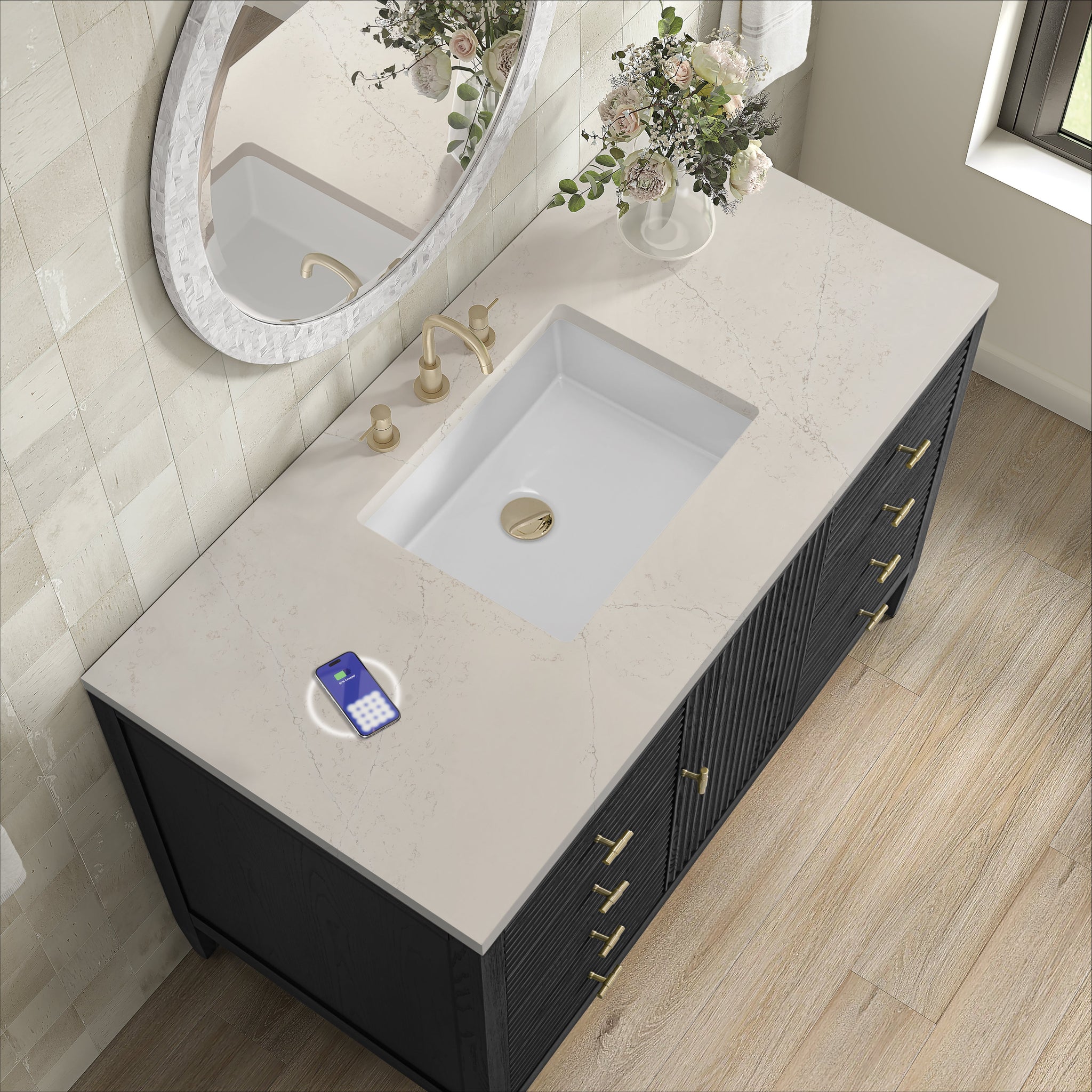 James Martin Myrrin 48" Single Bathroom Vanity, Carbon Oak with Siberian (FreePower) countertop