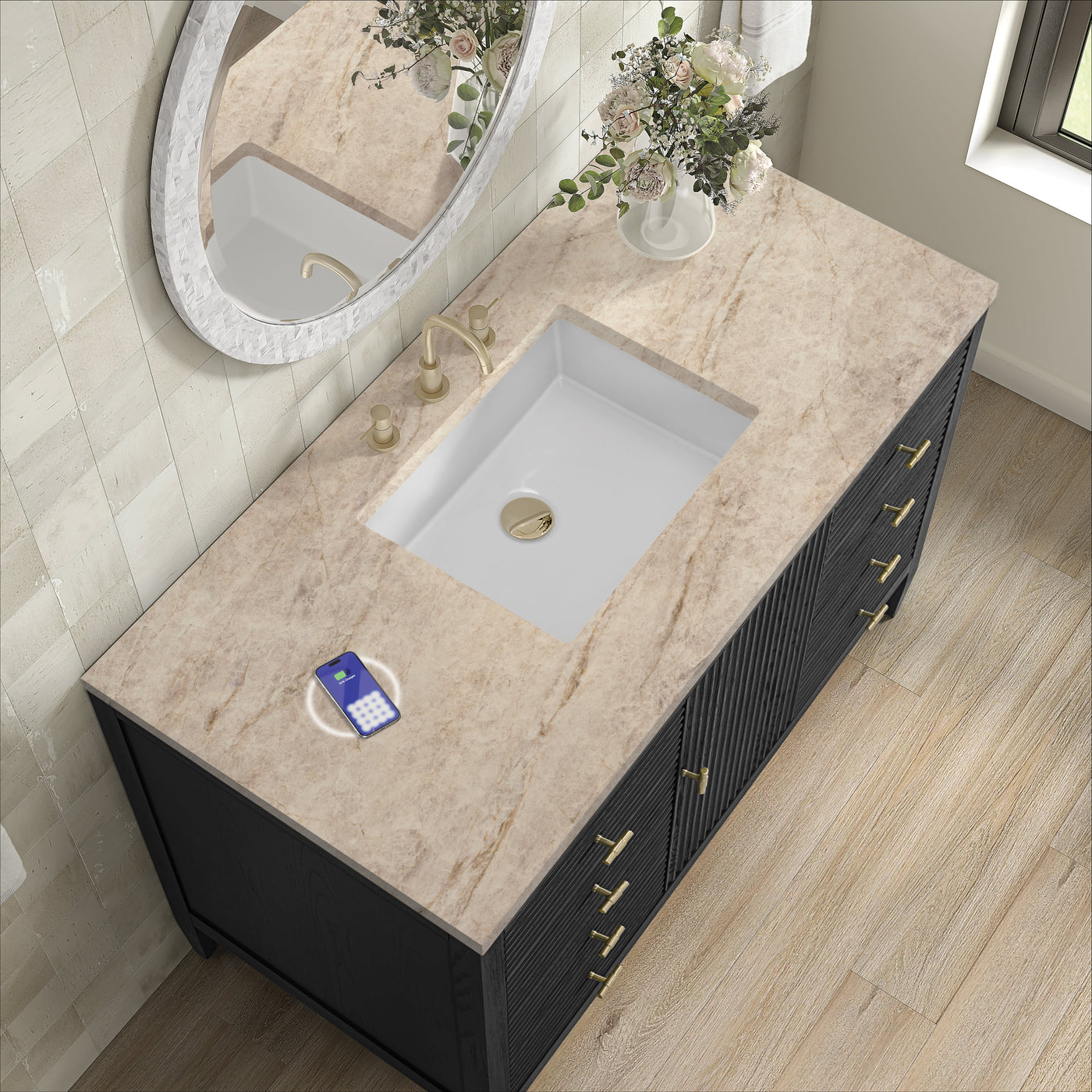 James Martin Myrrin 48" Single Bathroom Vanity, Carbon Oak with Tajnar (FreePower) countertop