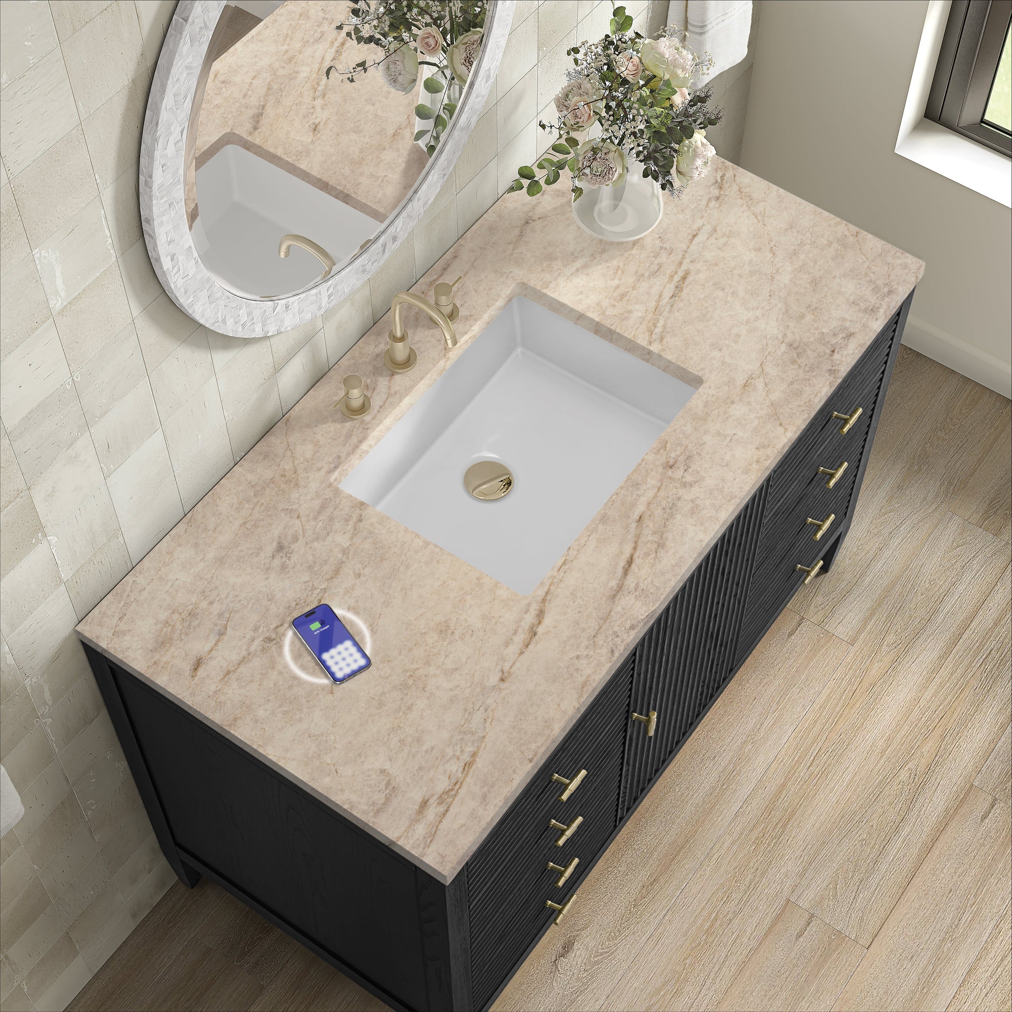 James Martin Myrrin 48" Single Bathroom Vanity, Carbon Oak with Tajnar (FreePower) countertop