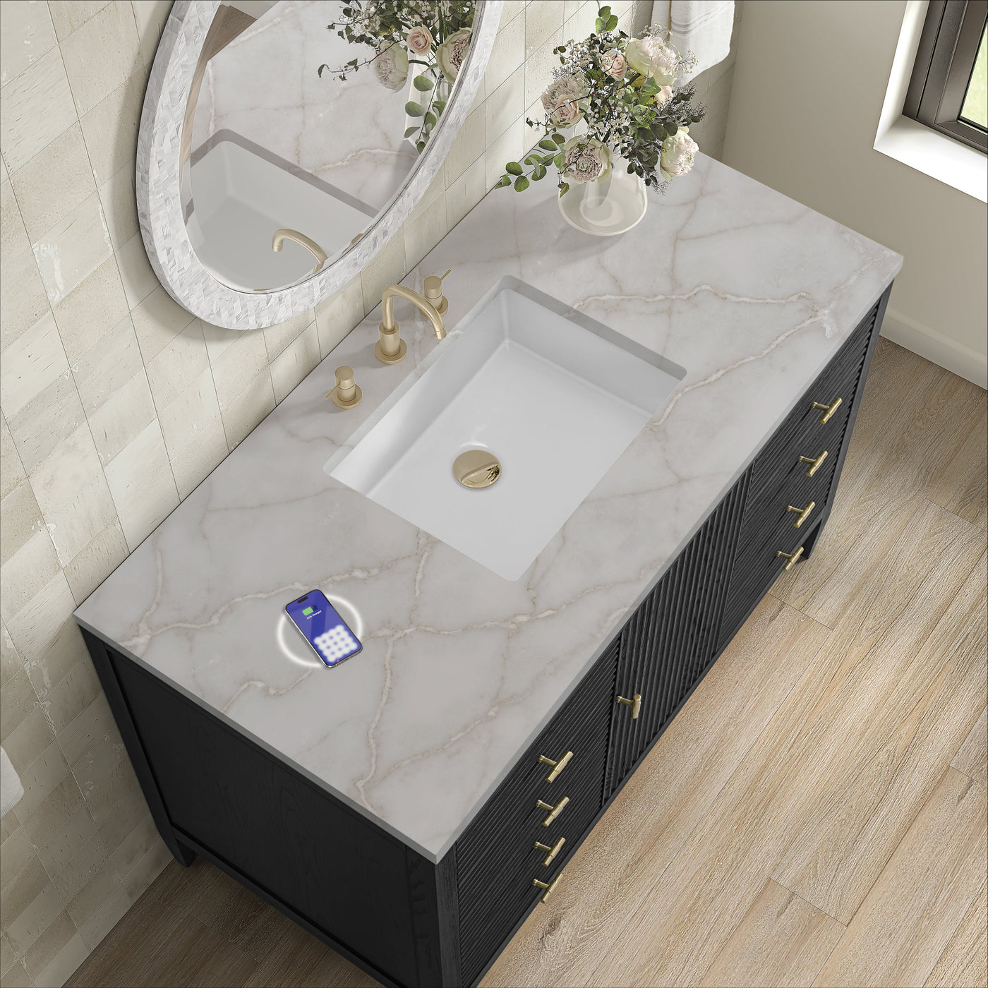 James Martin Myrrin 48" Single Bathroom Vanity, Carbon Oak with Victorian Silver (FreePower) countertop