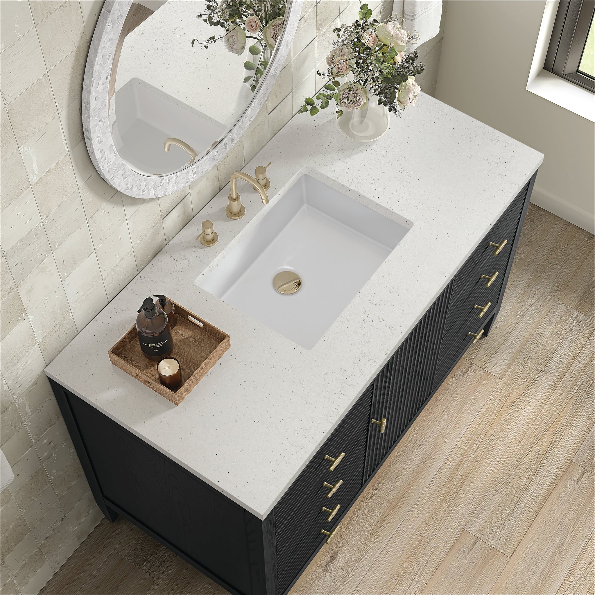 James Martin Myrrin 48" Single Bathroom Vanity, Carbon Oak with Lime Delight countertop