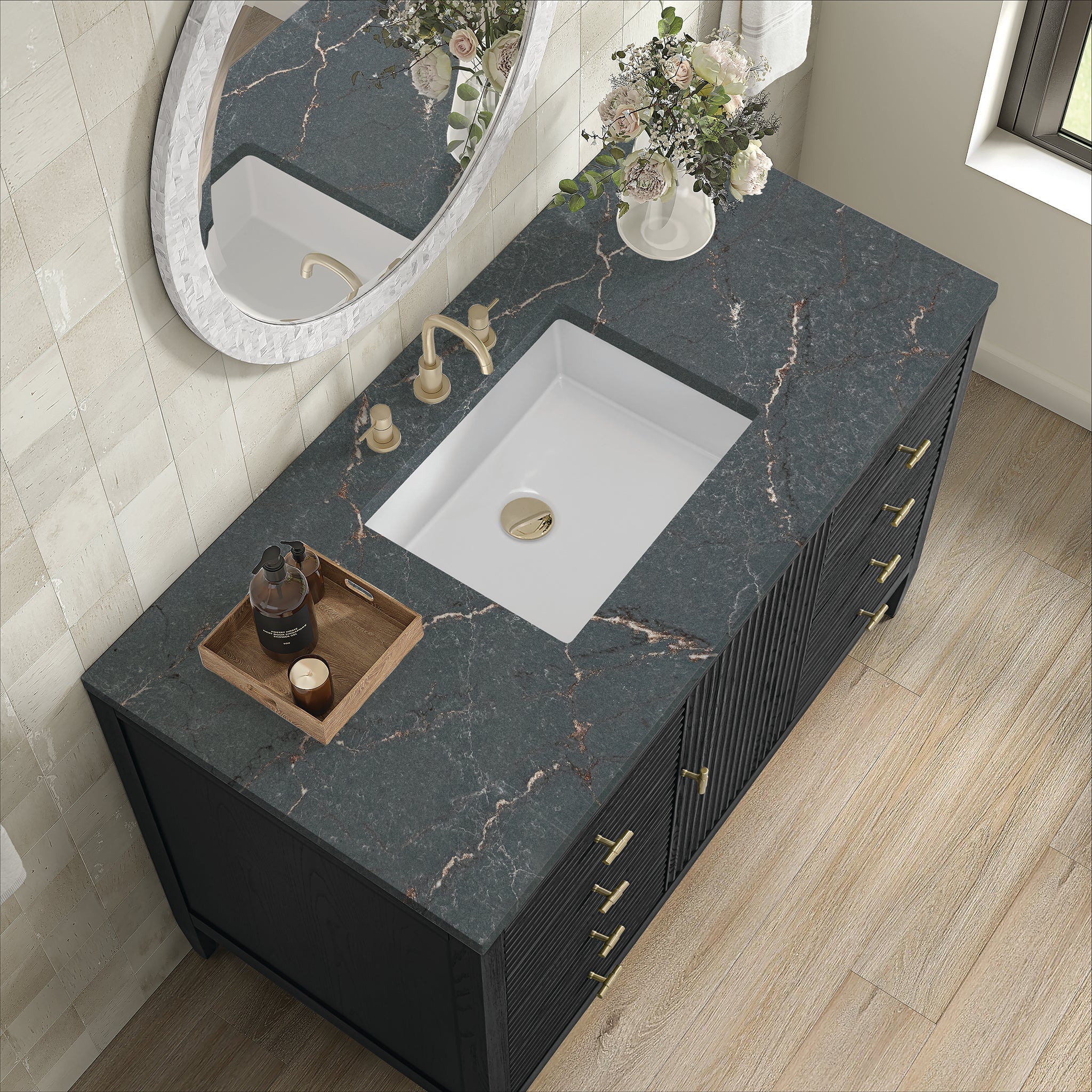 James Martin Myrrin 48" Single Bathroom Vanity, Carbon Oak with Parisien Bleu countertop