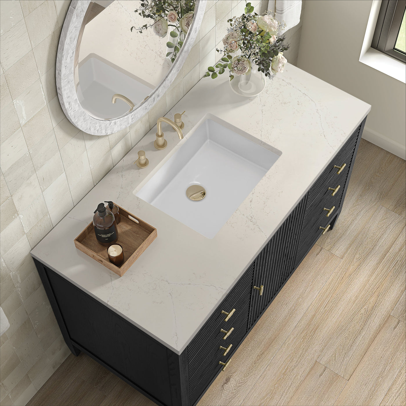 James Martin Myrrin 48" Single Bathroom Vanity, Carbon Oak with Siberian countertop