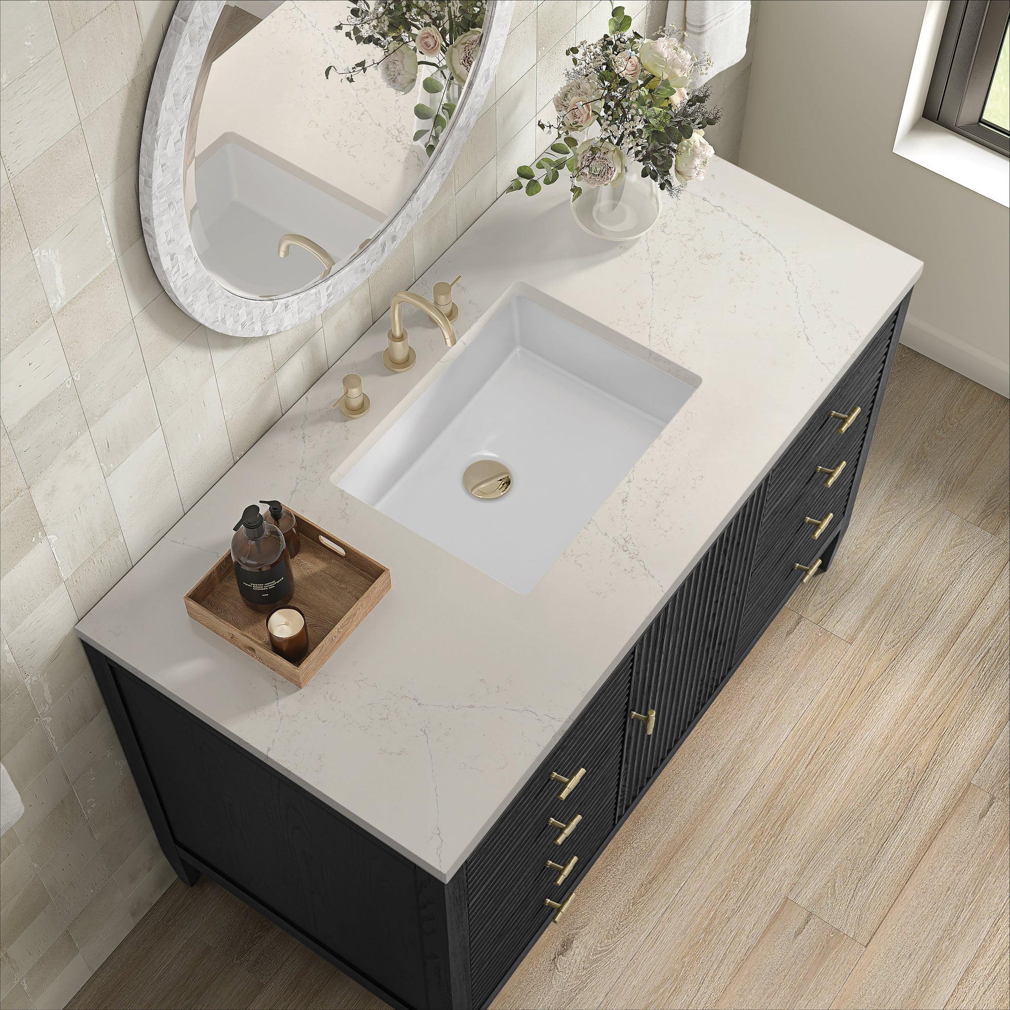James Martin Myrrin 48" Single Bathroom Vanity, Carbon Oak with Siberian countertop