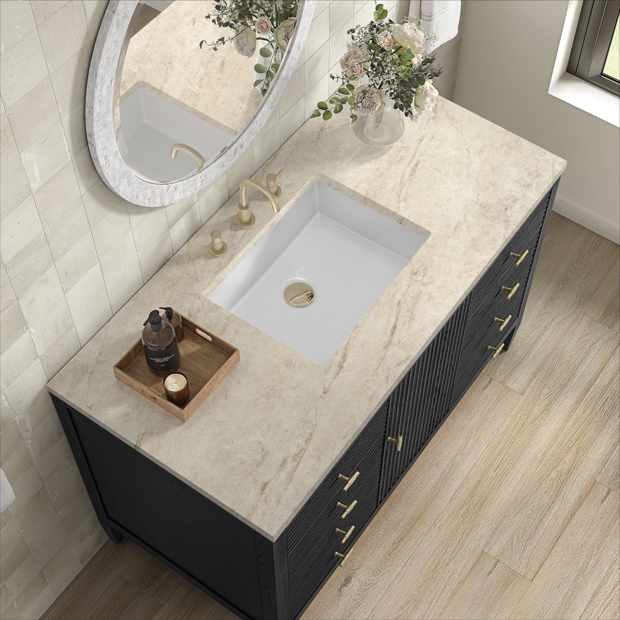 James Martin Myrrin 48" Single Bathroom Vanity, Carbon Oak with Tajnar countertop