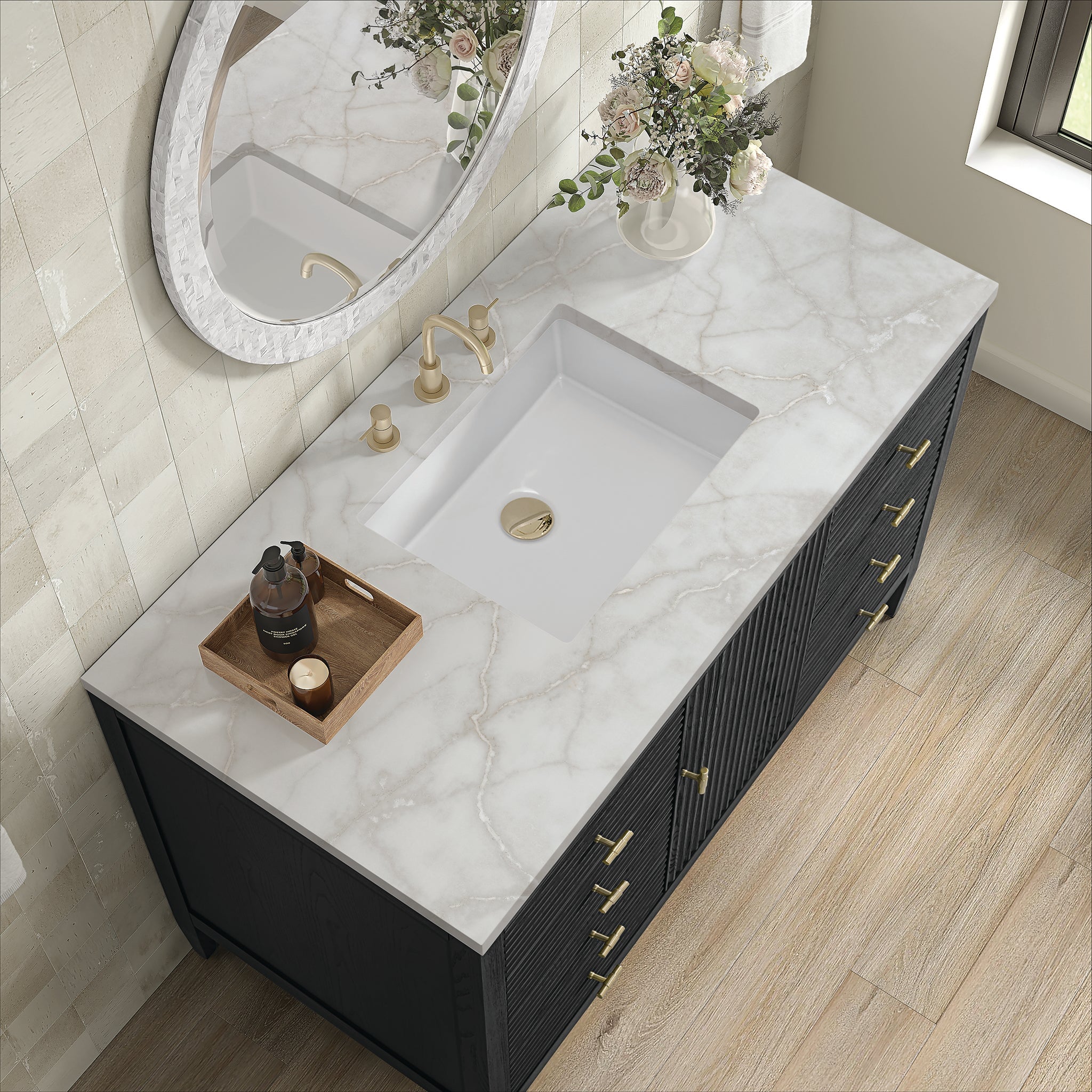 James Martin Myrrin 48" Single Bathroom Vanity, Carbon Oak with Victorian Silver countertop