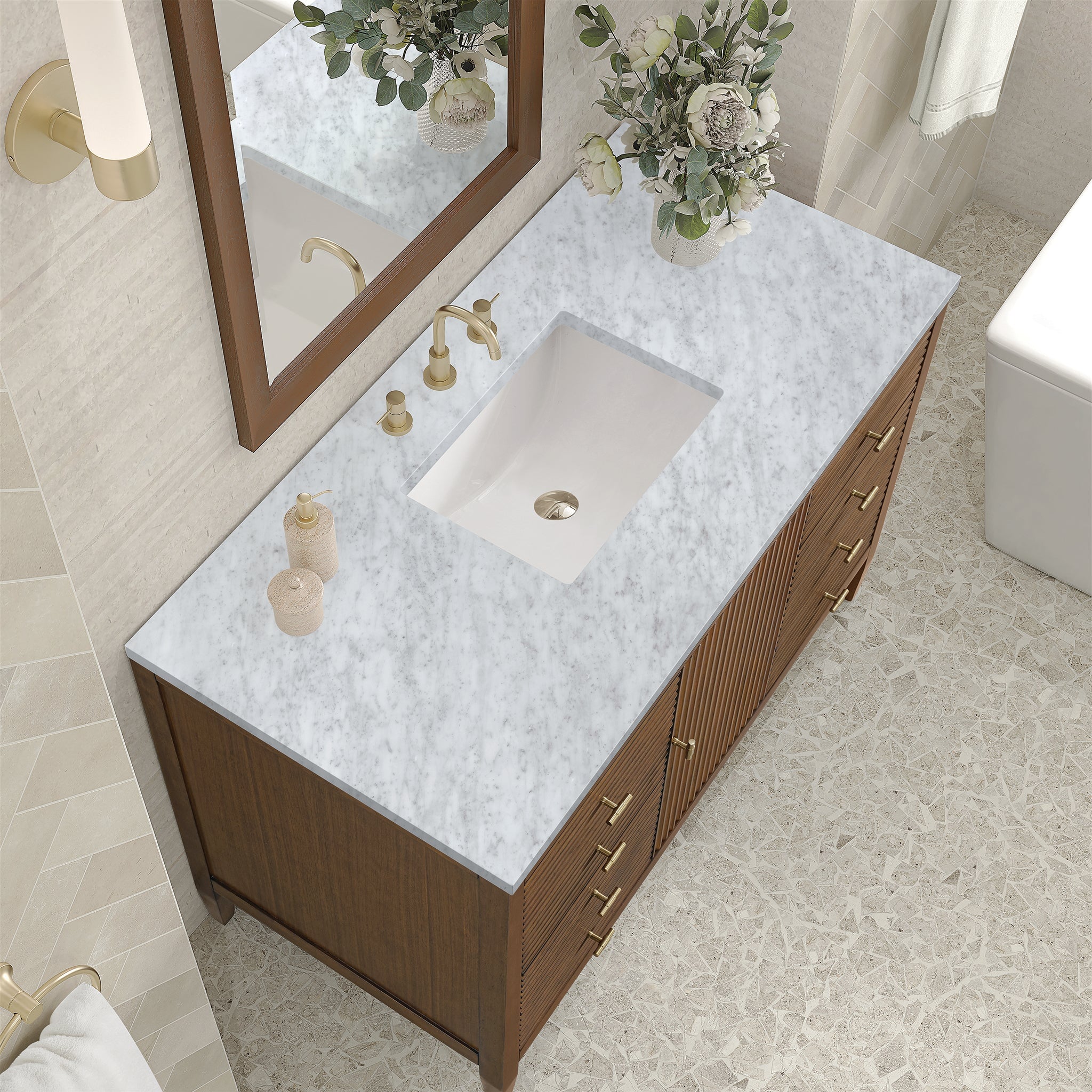 James Martin Myrrin 48" Single Bathroom Vanity, Mid-Century Walnut with Carrara White countertop