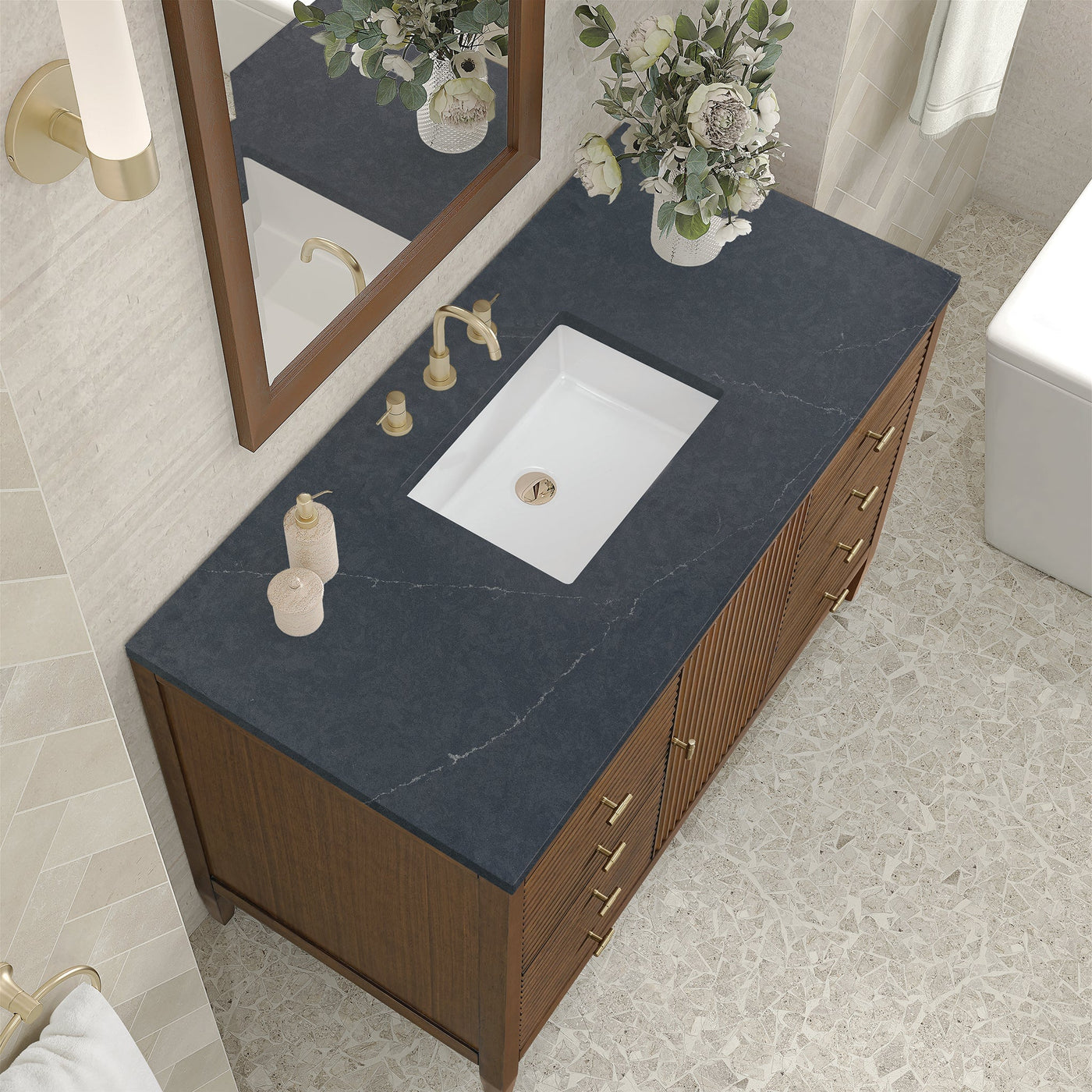 James Martin Myrrin 48" Single Bathroom Vanity, Mid-Century Walnut with Charcoal Soapstone countertop