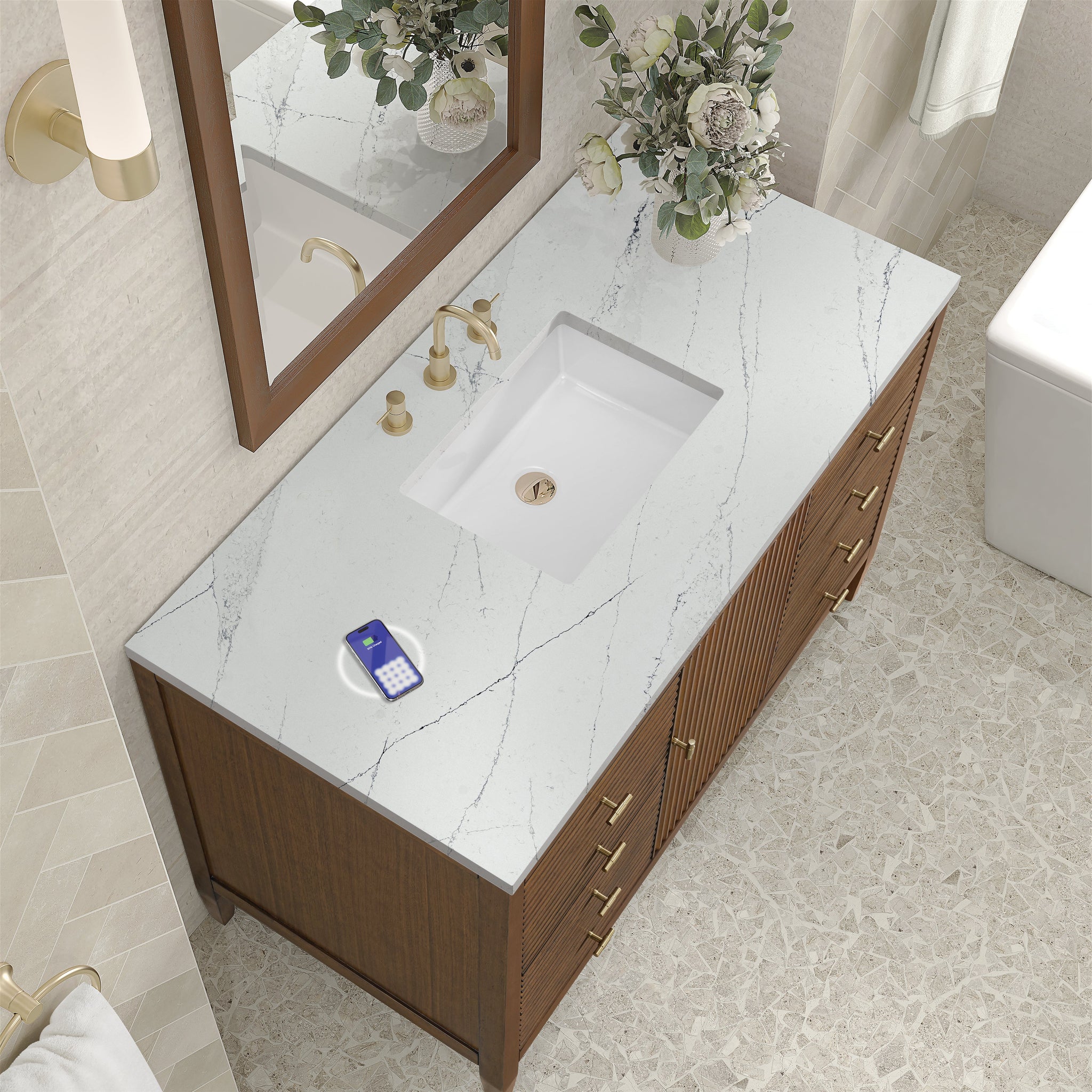 James Martin Myrrin 48" Single Bathroom Vanity, Mid-Century Walnut with Ethereal Noctis (FreePower) countertop