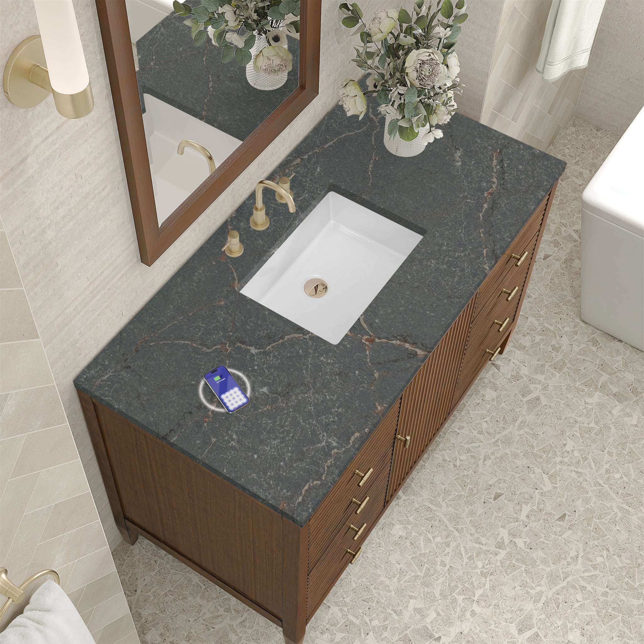 James Martin Myrrin 48" Single Bathroom Vanity, Mid-Century Walnut with Parisien Bleu (FreePower) countertop