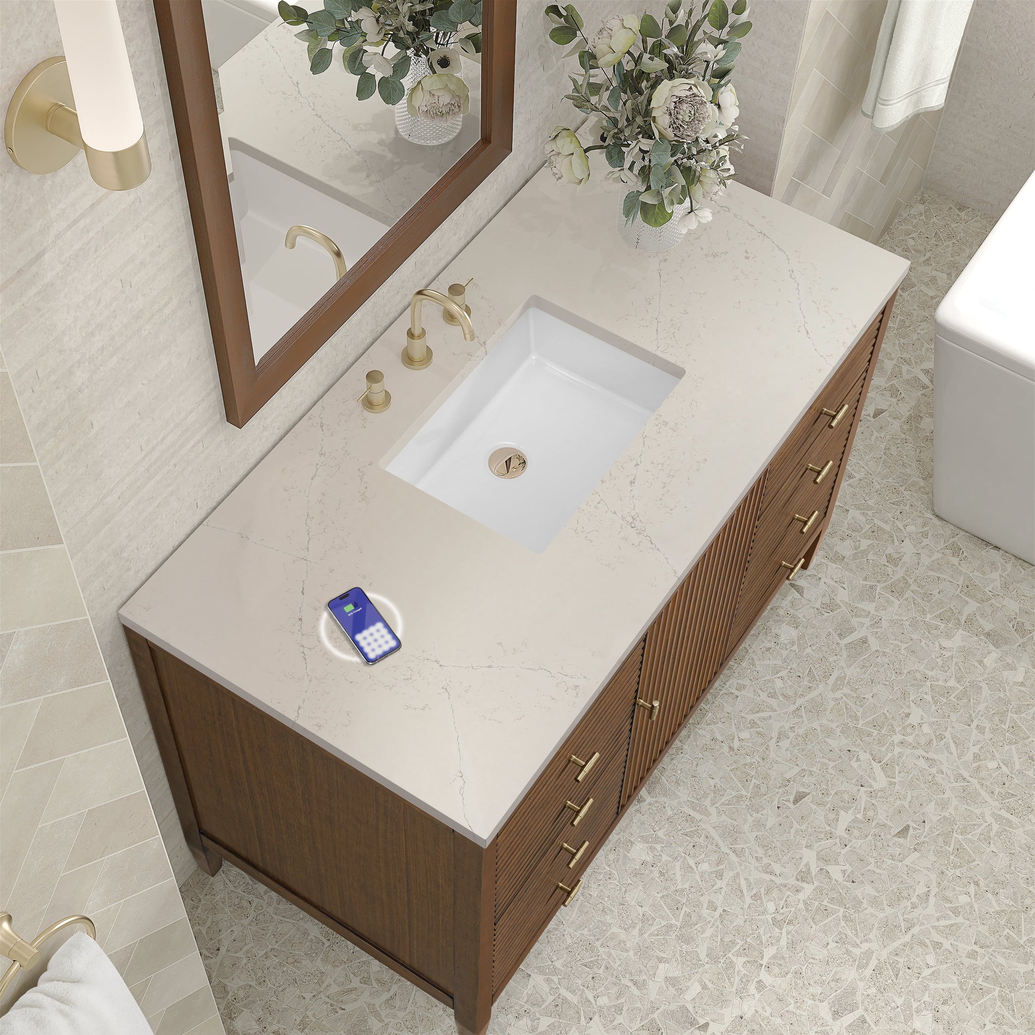 James Martin Myrrin 48" Single Bathroom Vanity, Mid-Century Walnut with Siberian (FreePower) countertop