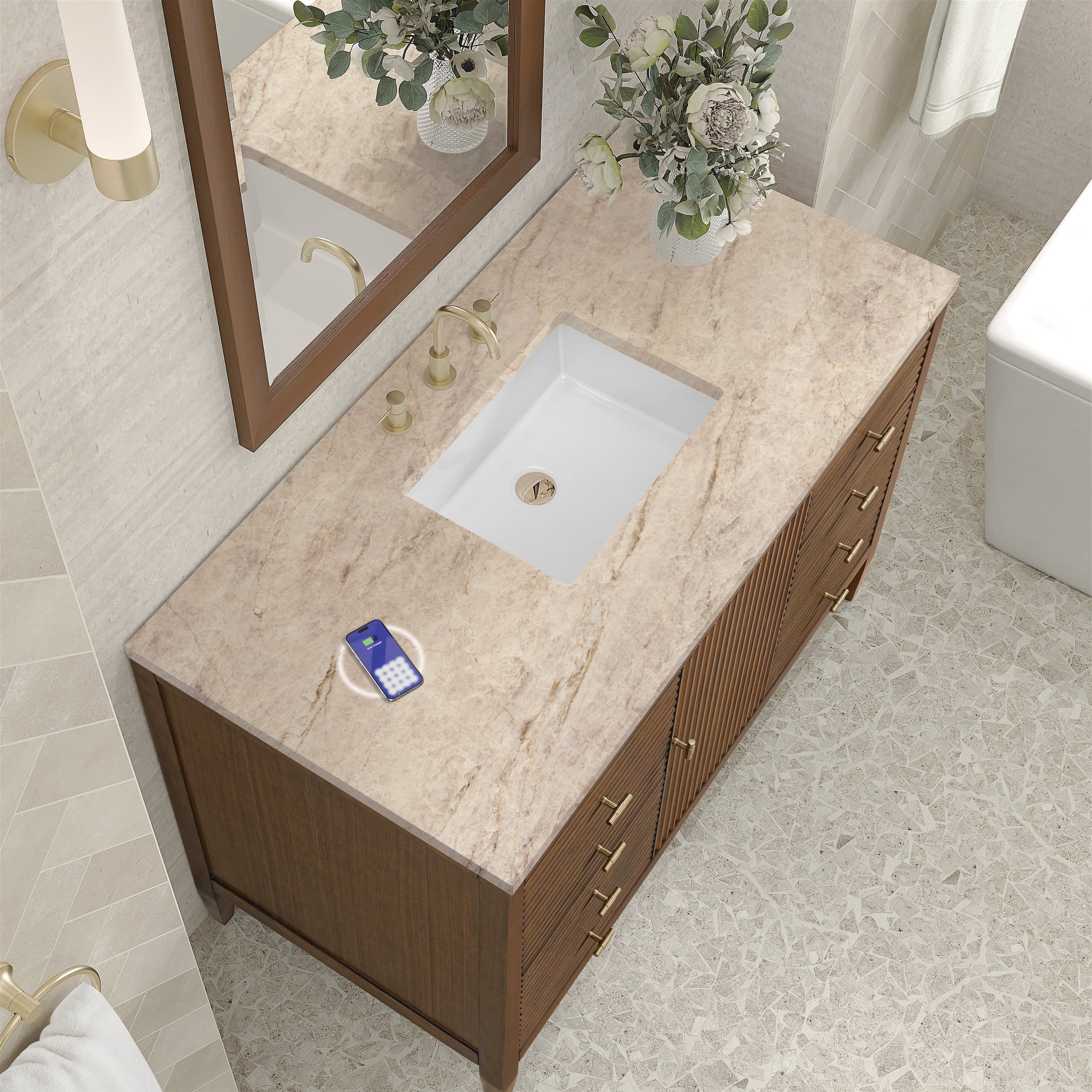 James Martin Myrrin 48" Single Bathroom Vanity, Mid-Century Walnut with Tajnar (FreePower) countertop