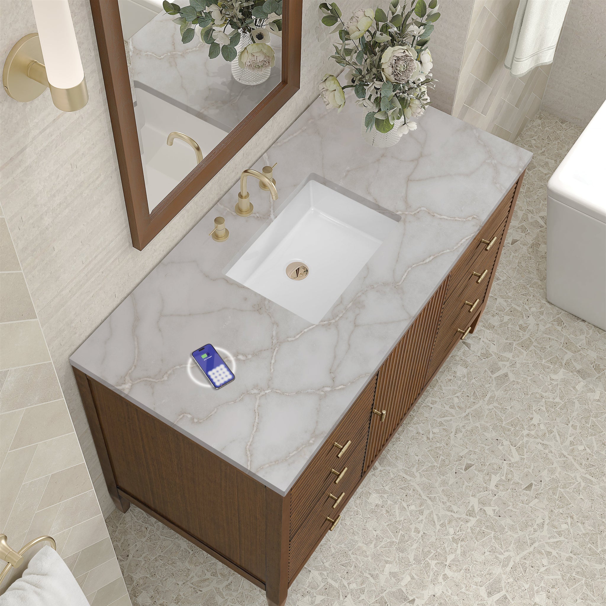 James Martin Myrrin 48" Single Bathroom Vanity, Mid-Century Walnut with Victorian Silver (FreePower) countertop
