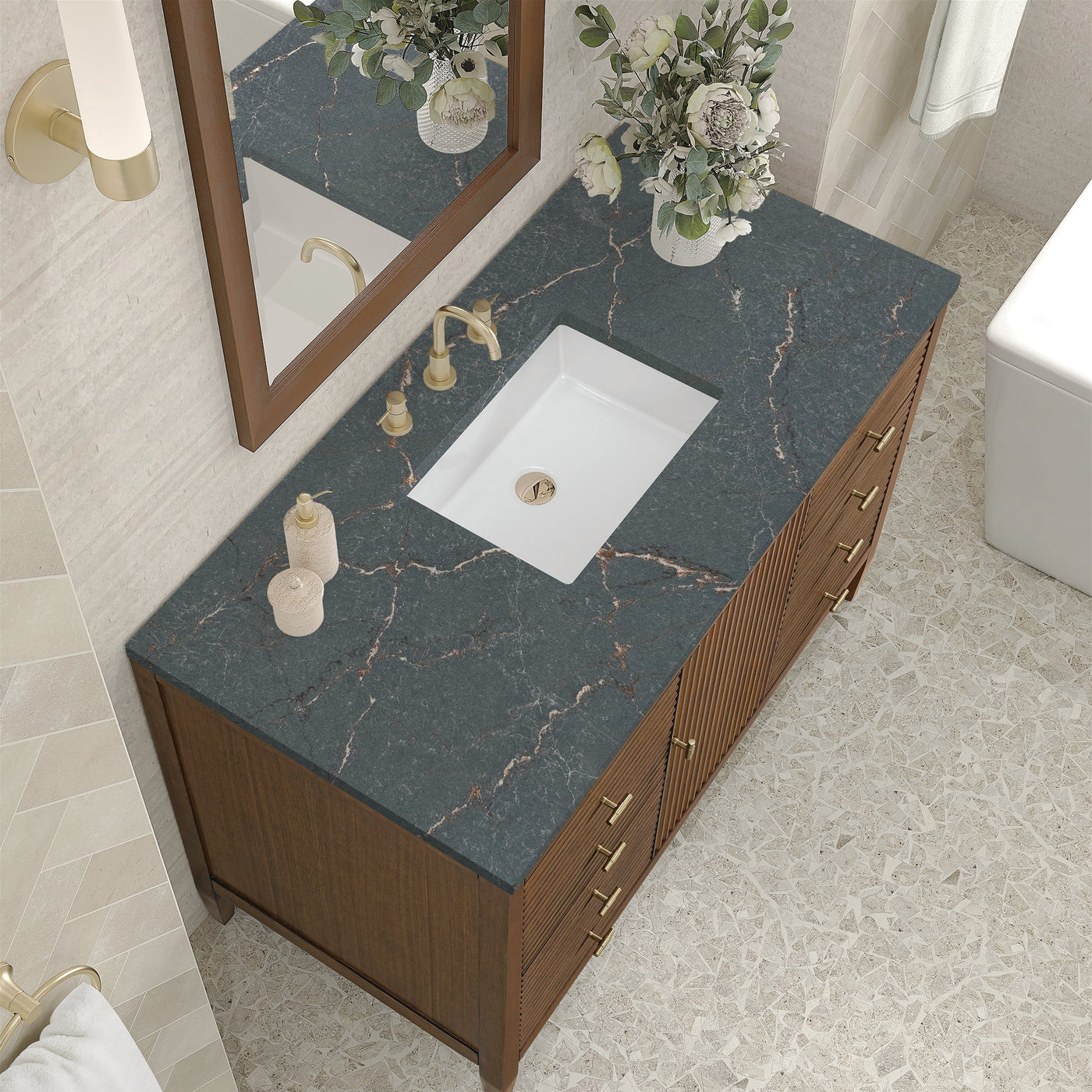 James Martin Myrrin 48" Single Bathroom Vanity, Mid-Century Walnut with Parisien Bleu countertop