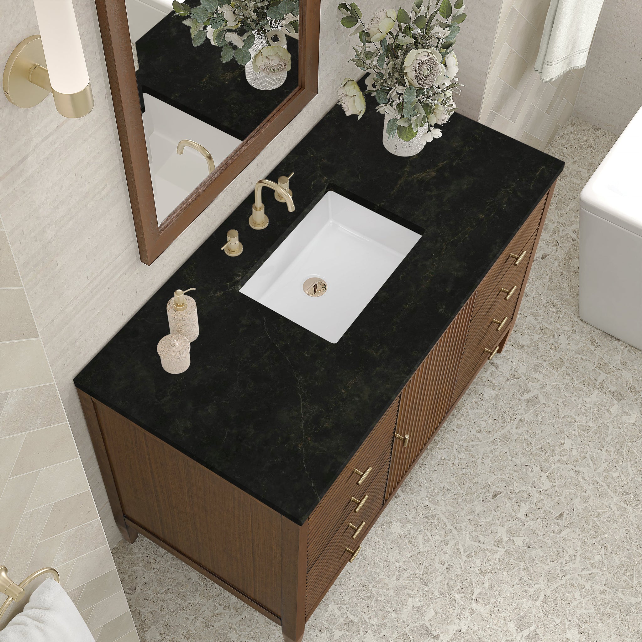 James Martin Myrrin 48" Single Bathroom Vanity, Mid-Century Walnut with Phantome countertop