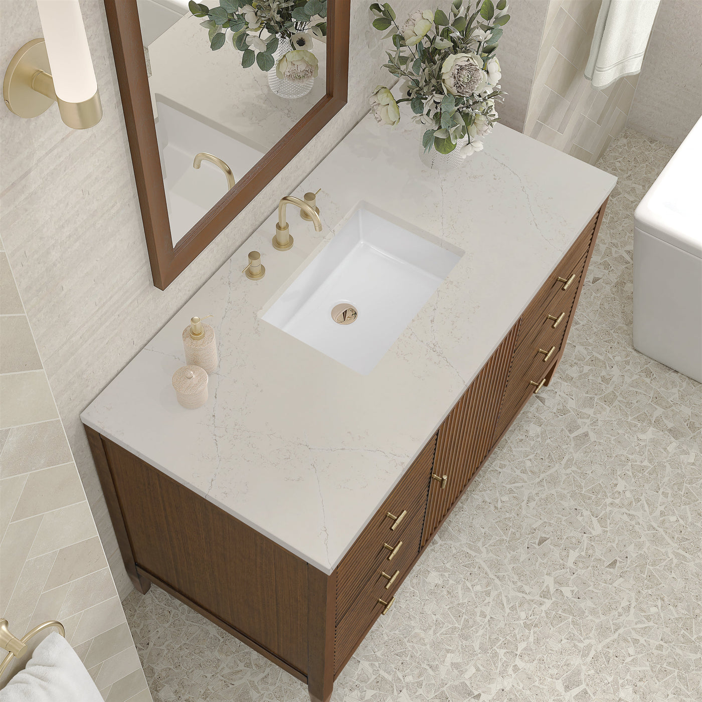 James Martin Myrrin 48" Single Bathroom Vanity, Mid-Century Walnut with Siberian countertop
