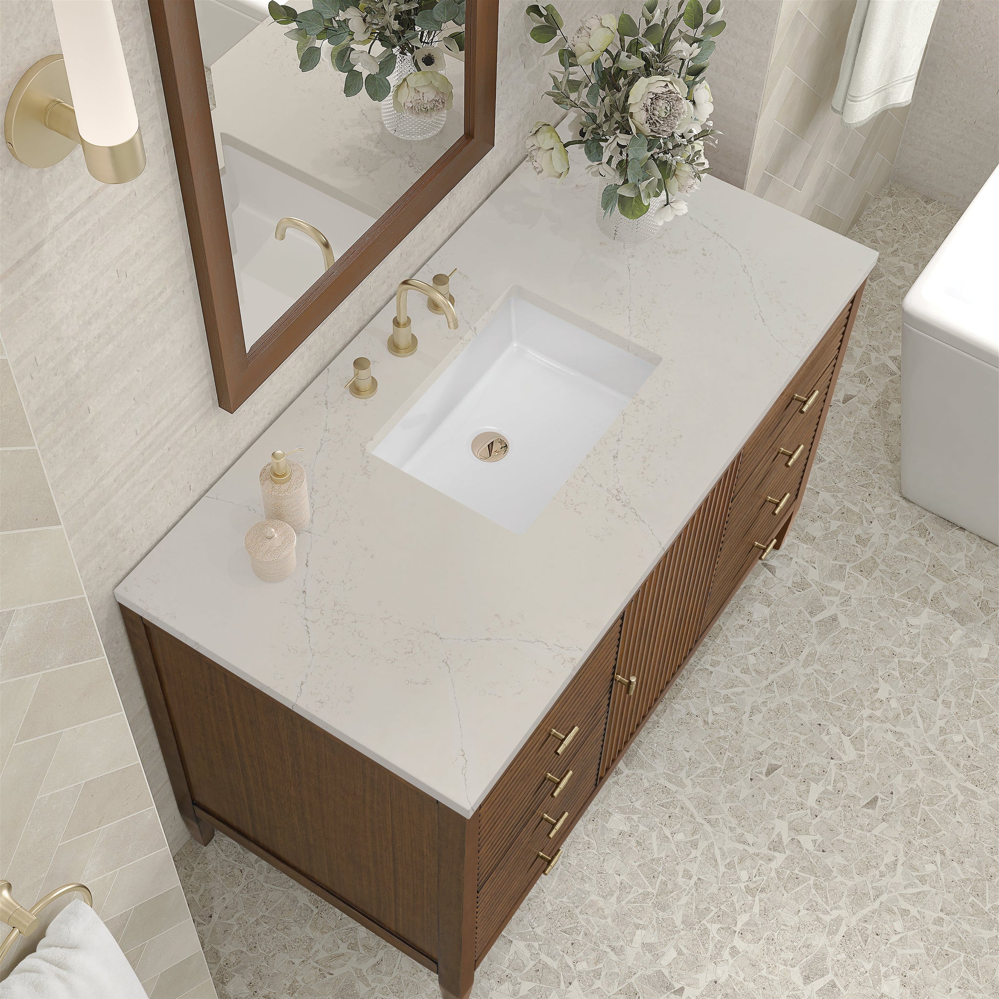 James Martin Myrrin 48" Single Bathroom Vanity, Mid-Century Walnut with Siberian countertop