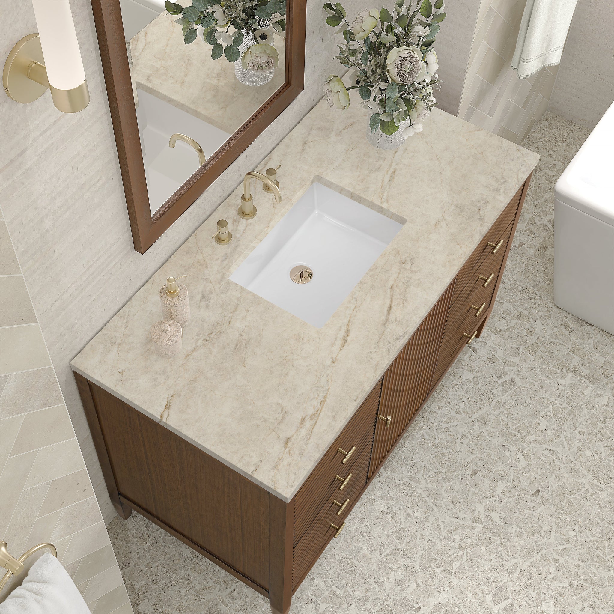 James Martin Myrrin 48" Single Bathroom Vanity, Mid-Century Walnut with Tajnar countertop