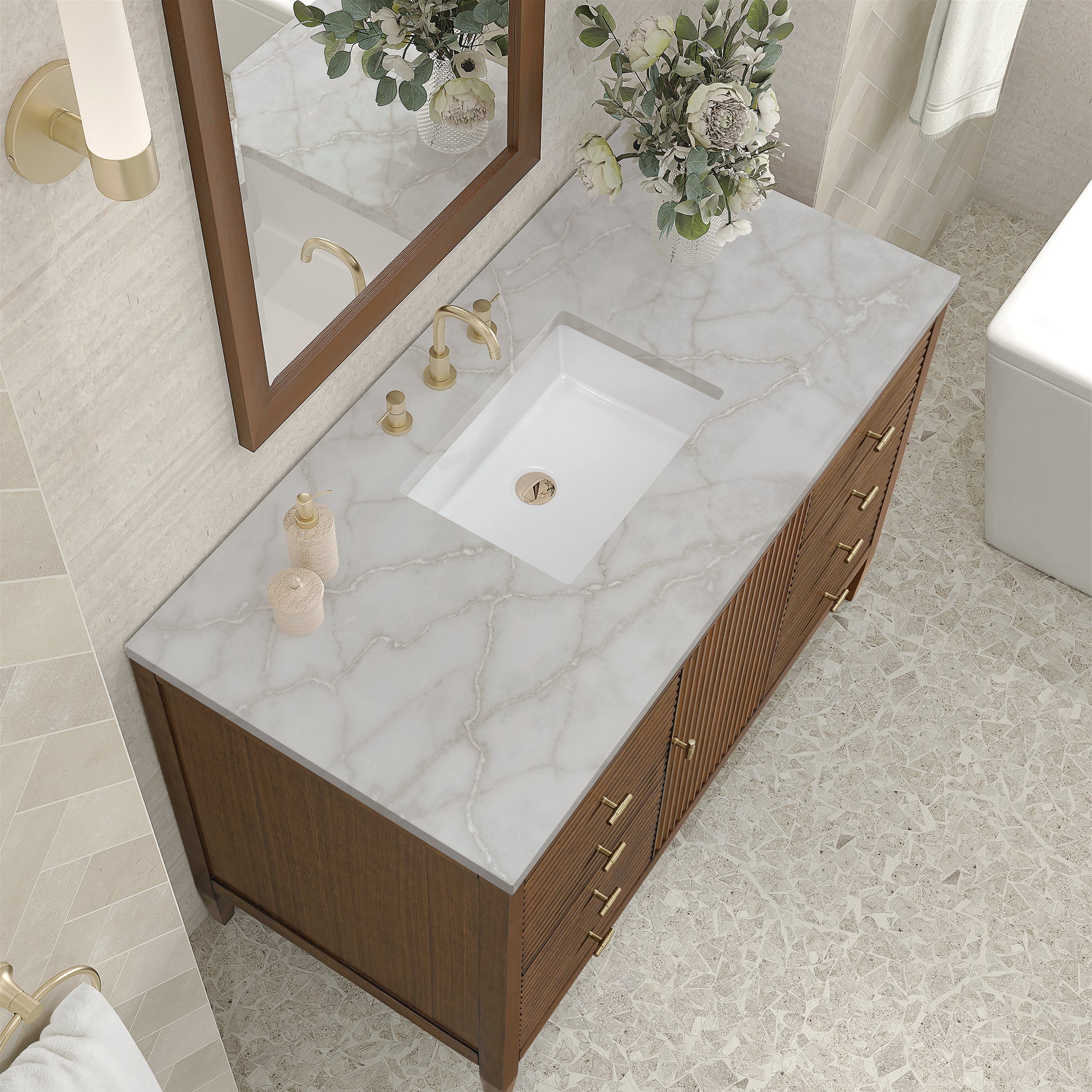 James Martin Myrrin 48" Single Bathroom Vanity, Mid-Century Walnut with Victorian Silver countertop