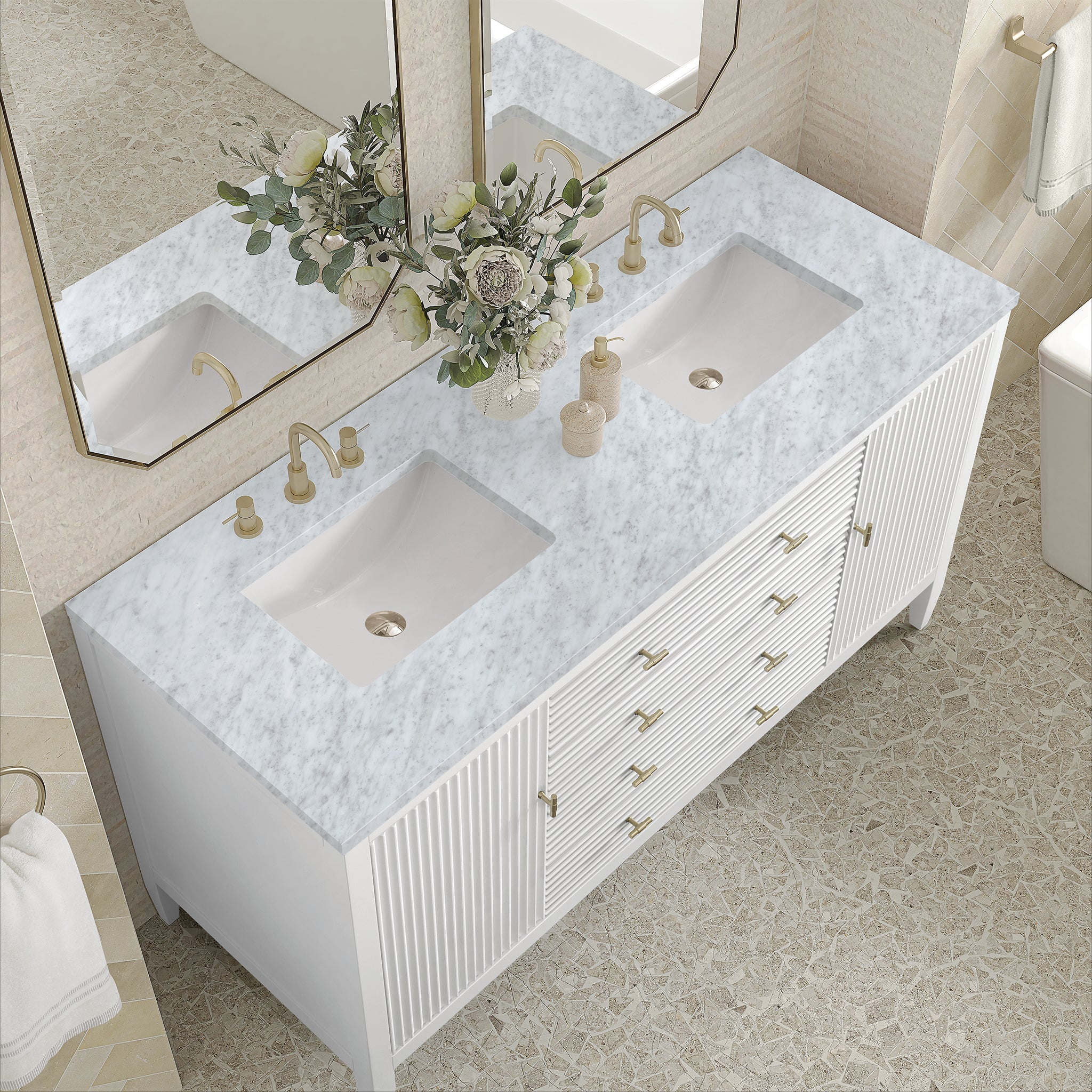 James Martin Myrrin 60" Double Bathroom Vanity, Bright White with Carrara White countertop