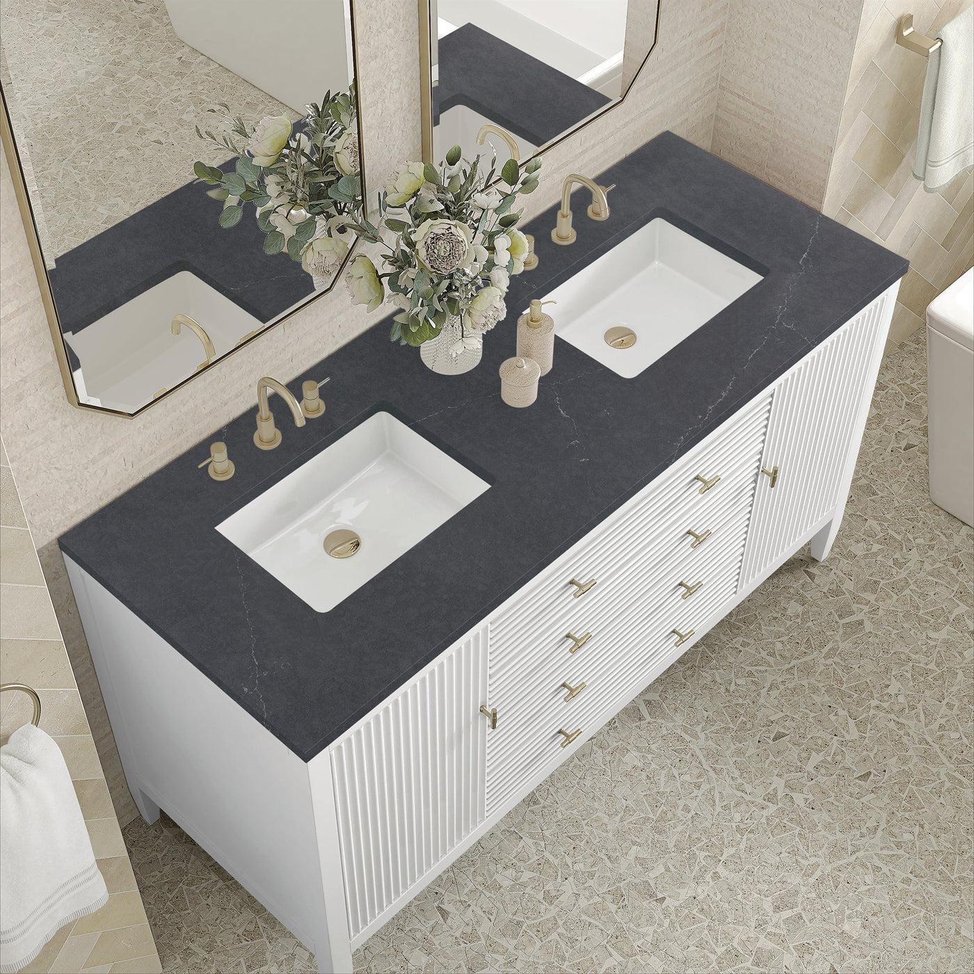 James Martin Myrrin 60" Double Bathroom Vanity, Bright White with Charcoal Soapstone countertop
