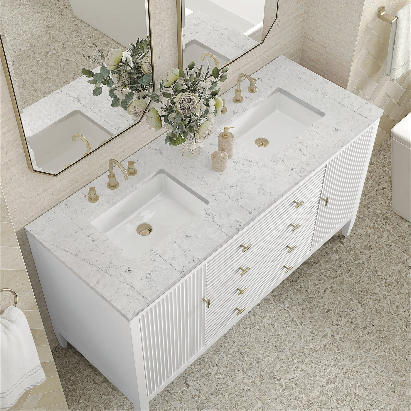 James Martin Myrrin 60" Double Bathroom Vanity, Bright White with Eternal Jasmine Pearl countertop