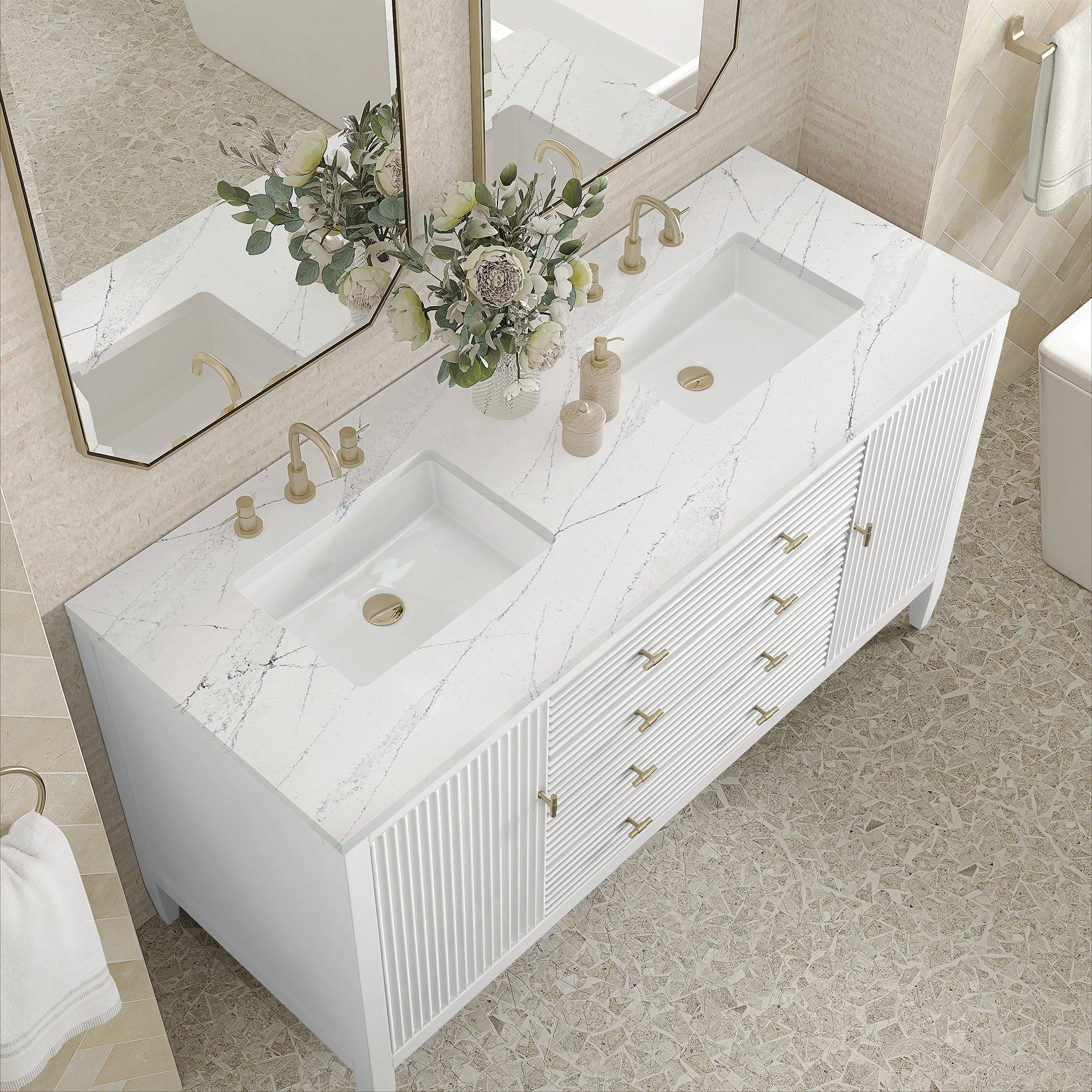 James Martin Myrrin 60" Double Bathroom Vanity, Bright White with Ethereal Noctis countertop