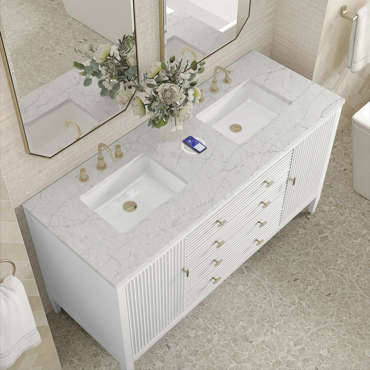 James Martin Myrrin 60" Double Bathroom Vanity, Bright White with Eternal Jasmine Pearl (FreePower) countertop